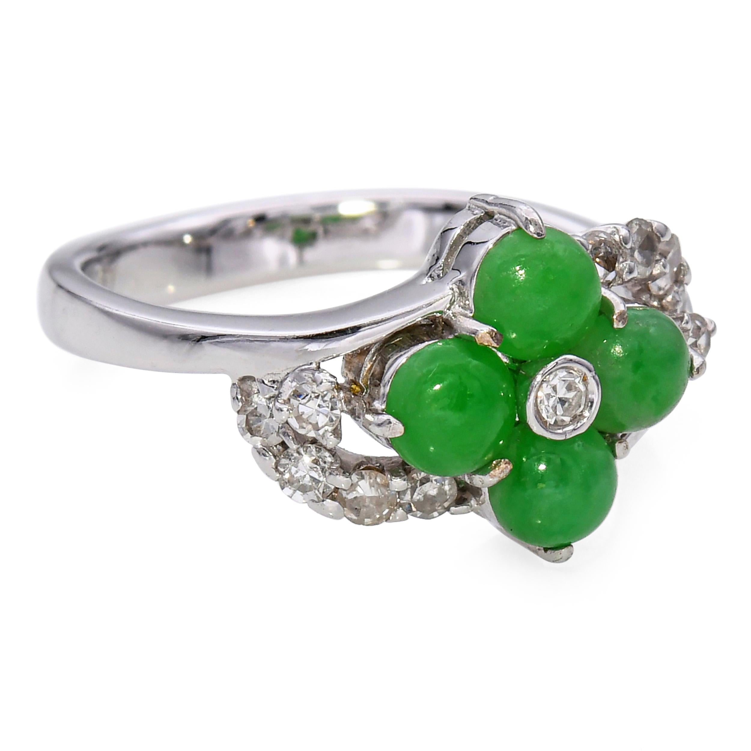 18k White Gold Diamond & Green Jade Flower Ring