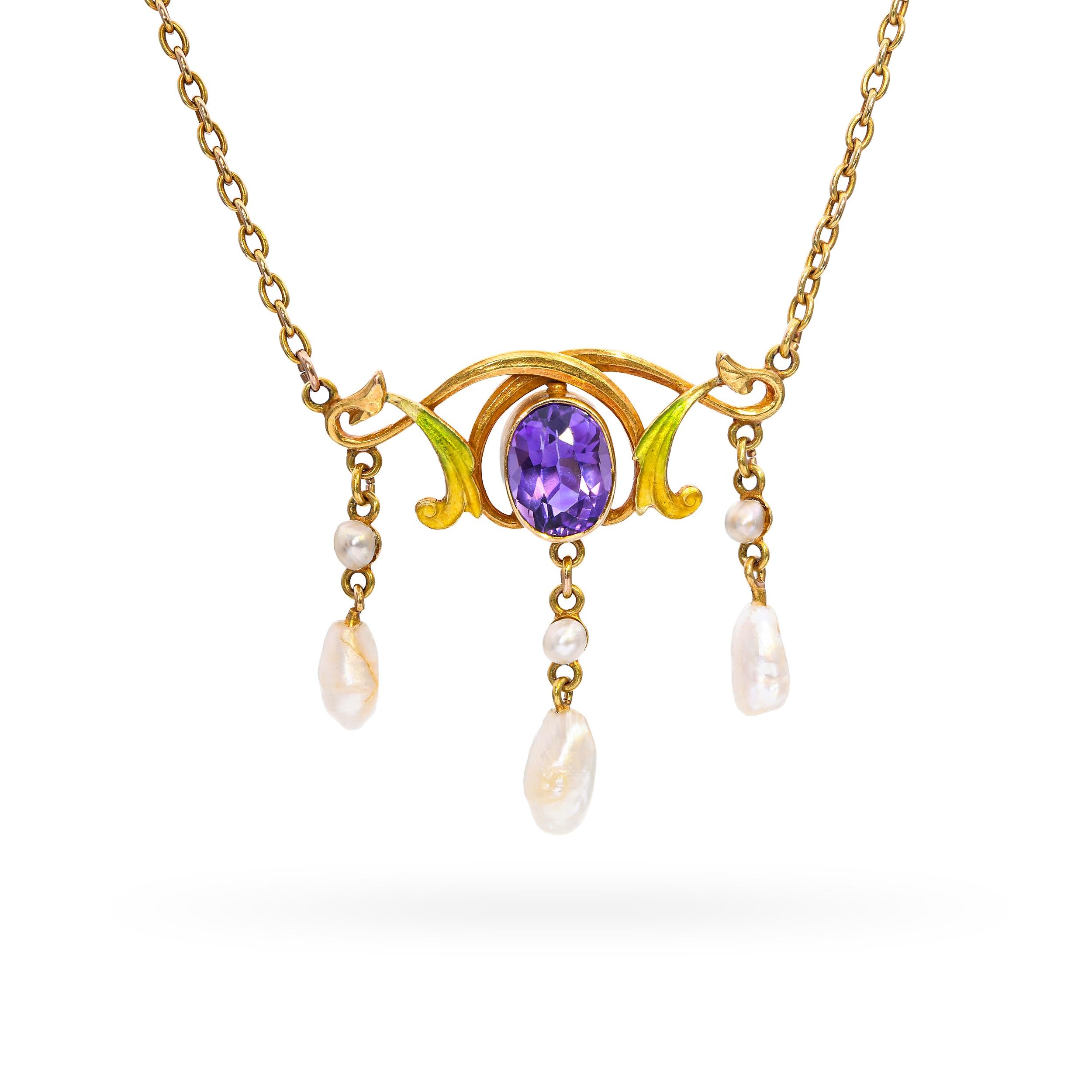 Art Nouveau Yellow Gold Amethyst, Enamel & Pearl Suffragette Drop Necklace