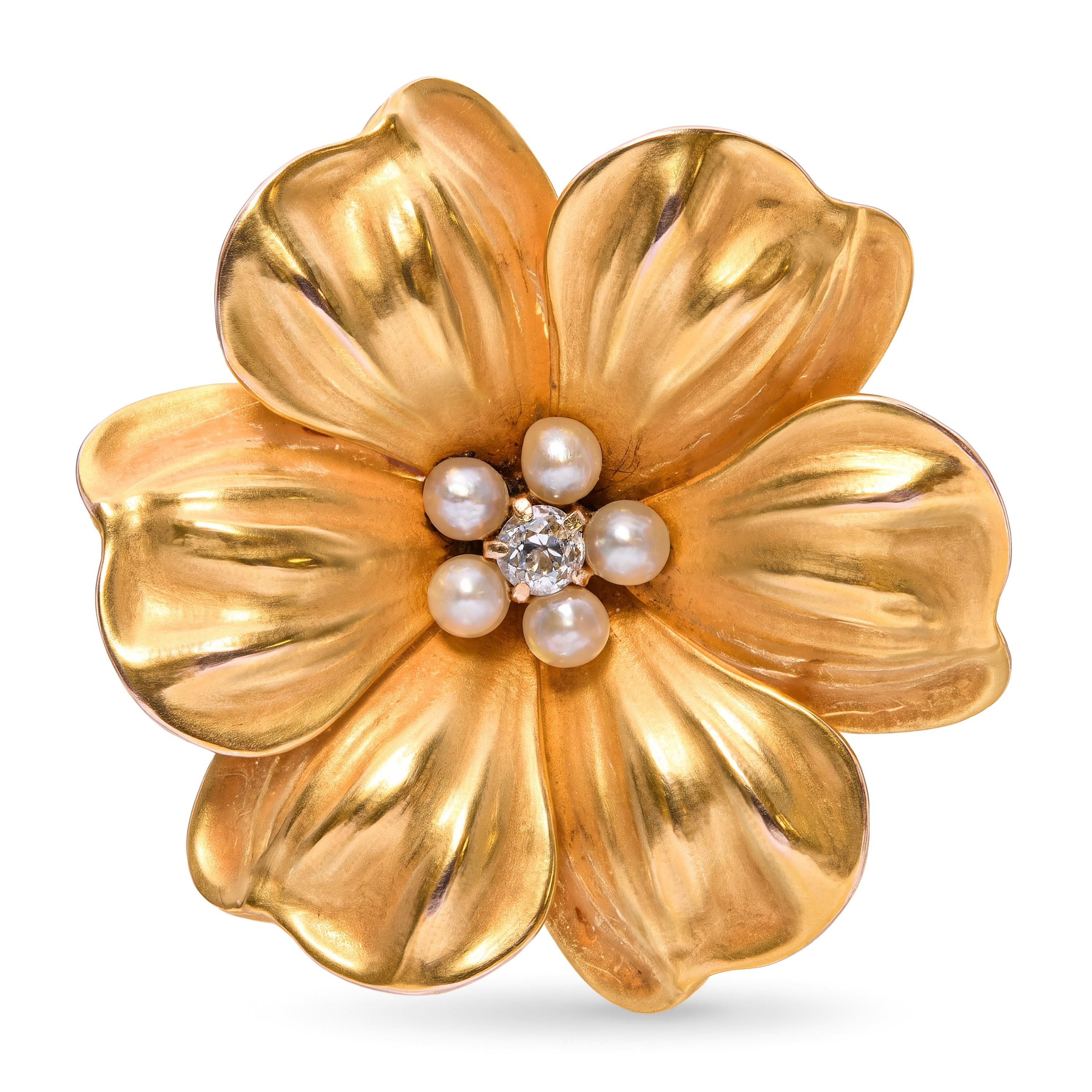 Antique Victorian 14k Yellow Gold Seed Pearl and Diamond Flower Brooch