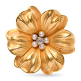 Antique Victorian 14k Yellow Gold Seed Pearl and Diamond Flower Brooch