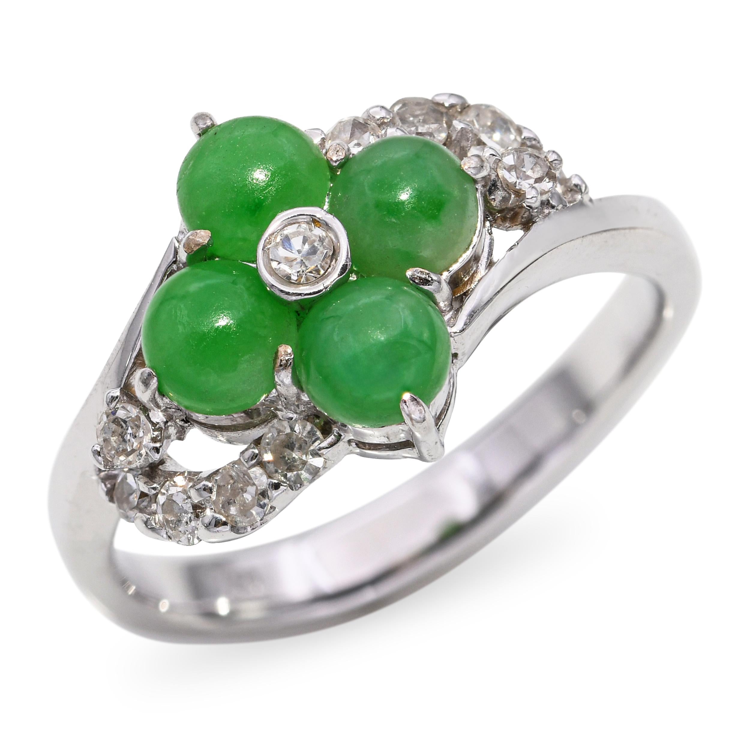 18k White Gold Diamond & Green Jade Flower Ring