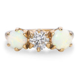 Vintage 14k Yellow Gold Opal and Diamond Three Stone Ring