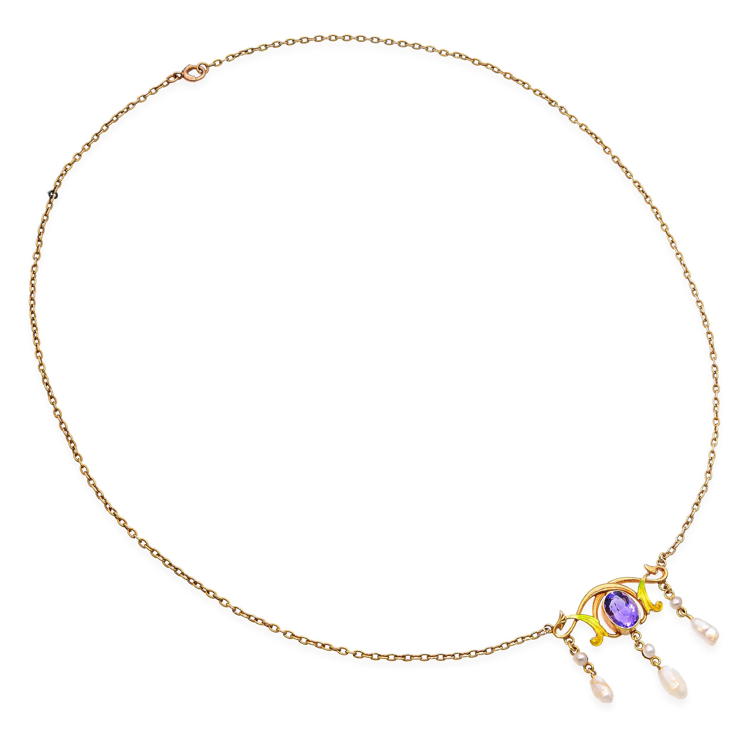Art Nouveau Yellow Gold Amethyst, Enamel & Pearl Suffragette Drop Necklace