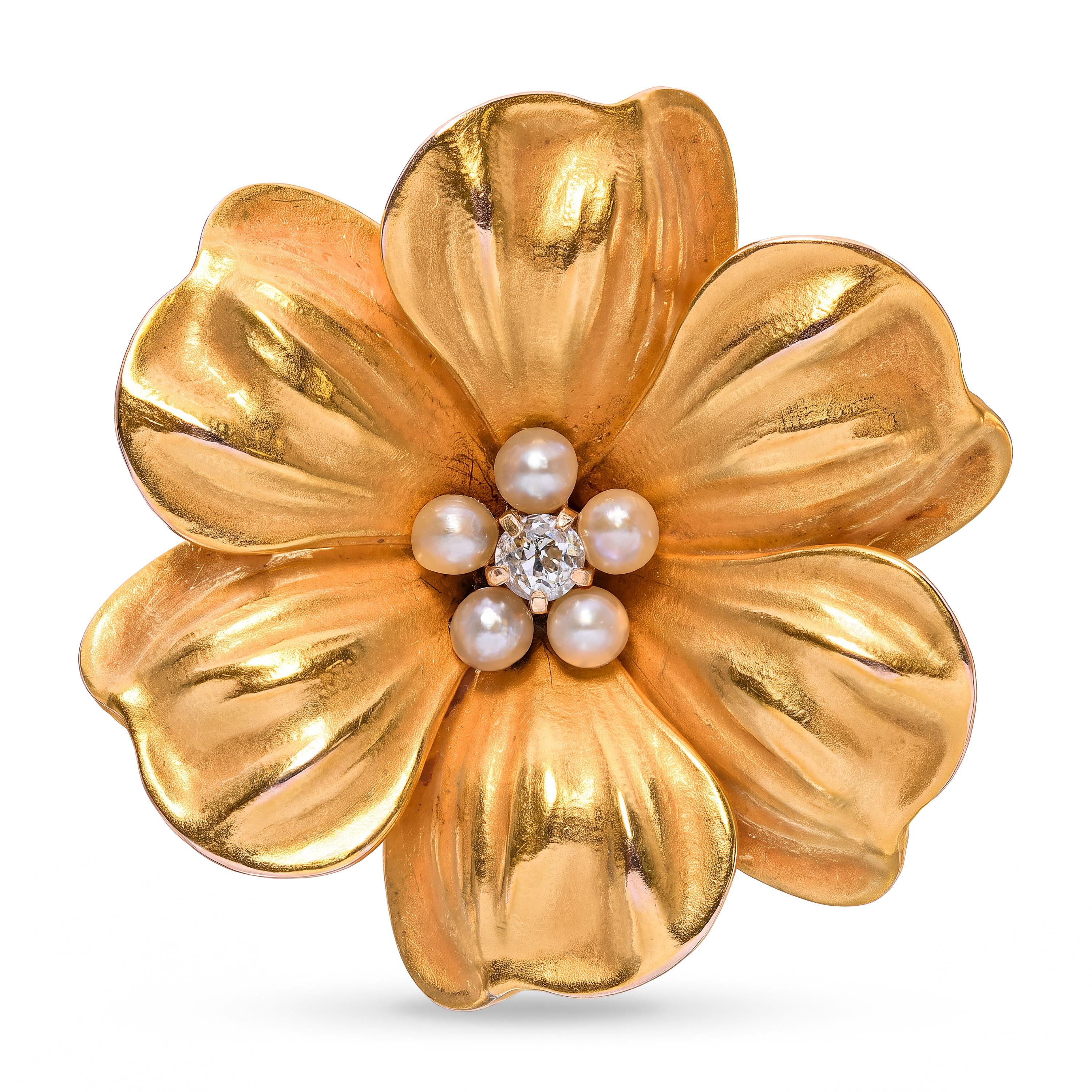 Antique Victorian 14k Yellow Gold Seed Pearl and Diamond Flower Brooch