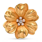 Antique Victorian 14k Yellow Gold Seed Pearl and Diamond Flower Brooch