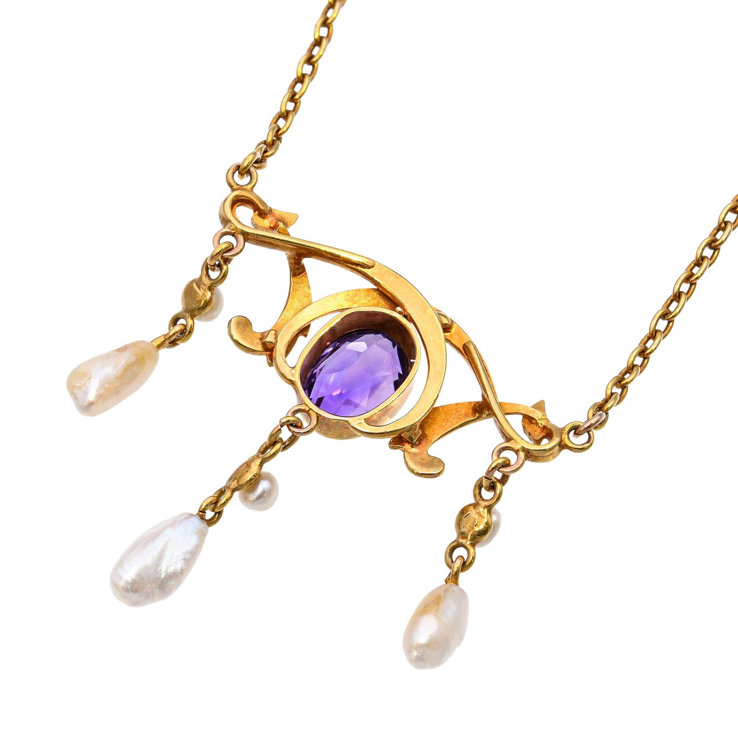 Art Nouveau Yellow Gold Amethyst, Enamel & Pearl Suffragette Drop Necklace