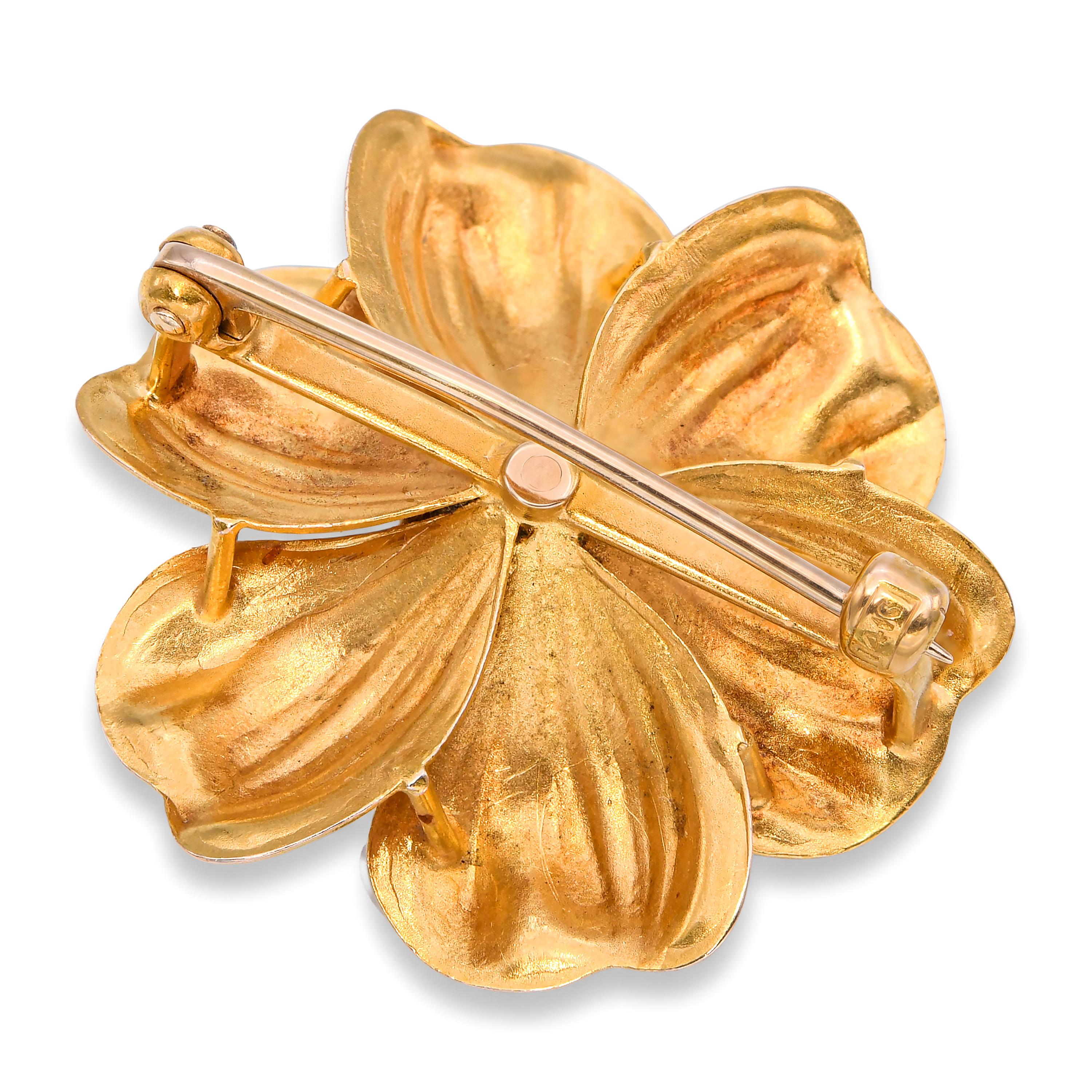Antique Victorian 14k Yellow Gold Seed Pearl and Diamond Flower Brooch