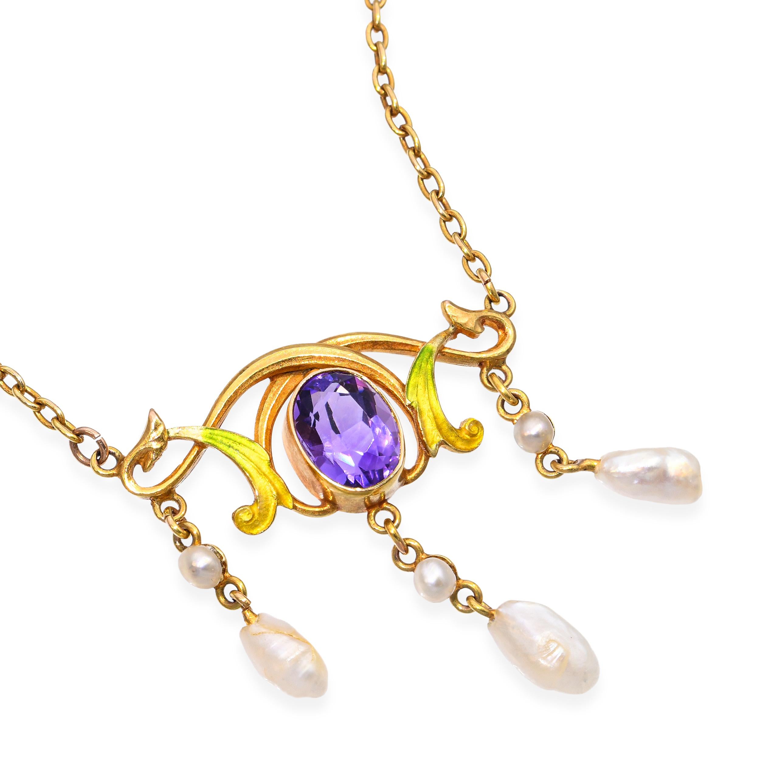 Art Nouveau Yellow Gold Amethyst, Enamel & Pearl Suffragette Drop Necklace