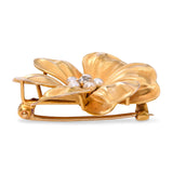Antique Victorian 14k Yellow Gold Seed Pearl and Diamond Flower Brooch