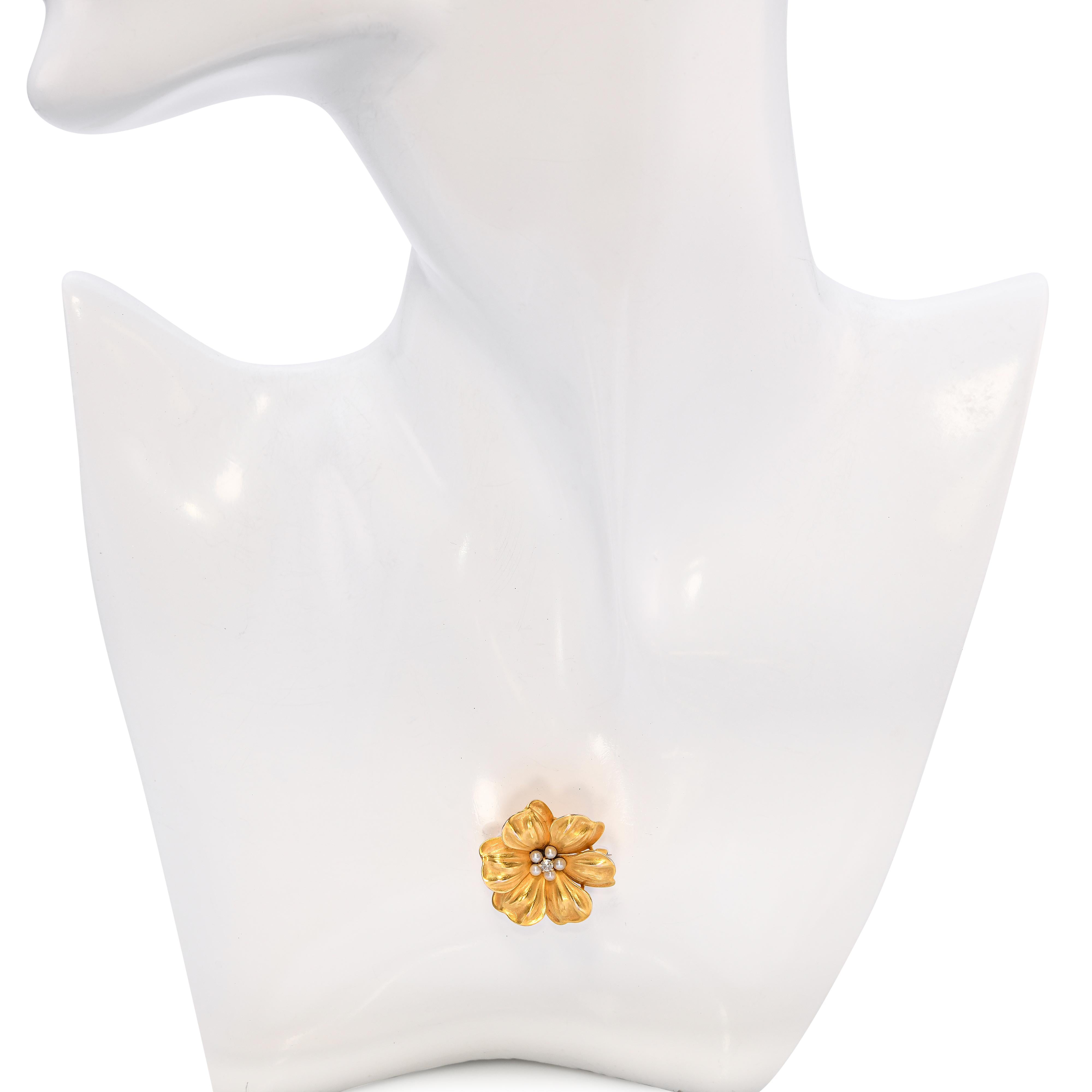 Antique Victorian 14k Yellow Gold Seed Pearl and Diamond Flower Brooch