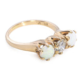 Vintage 14k Yellow Gold Opal and Diamond Three Stone Ring