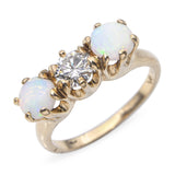 Vintage 14k Yellow Gold Opal and Diamond Three Stone Ring