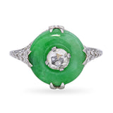 Art Deco 18k Jade and Rose Cut Diamond Filigree Ring