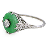 Art Deco 18k Jade and Rose Cut Diamond Filigree Ring