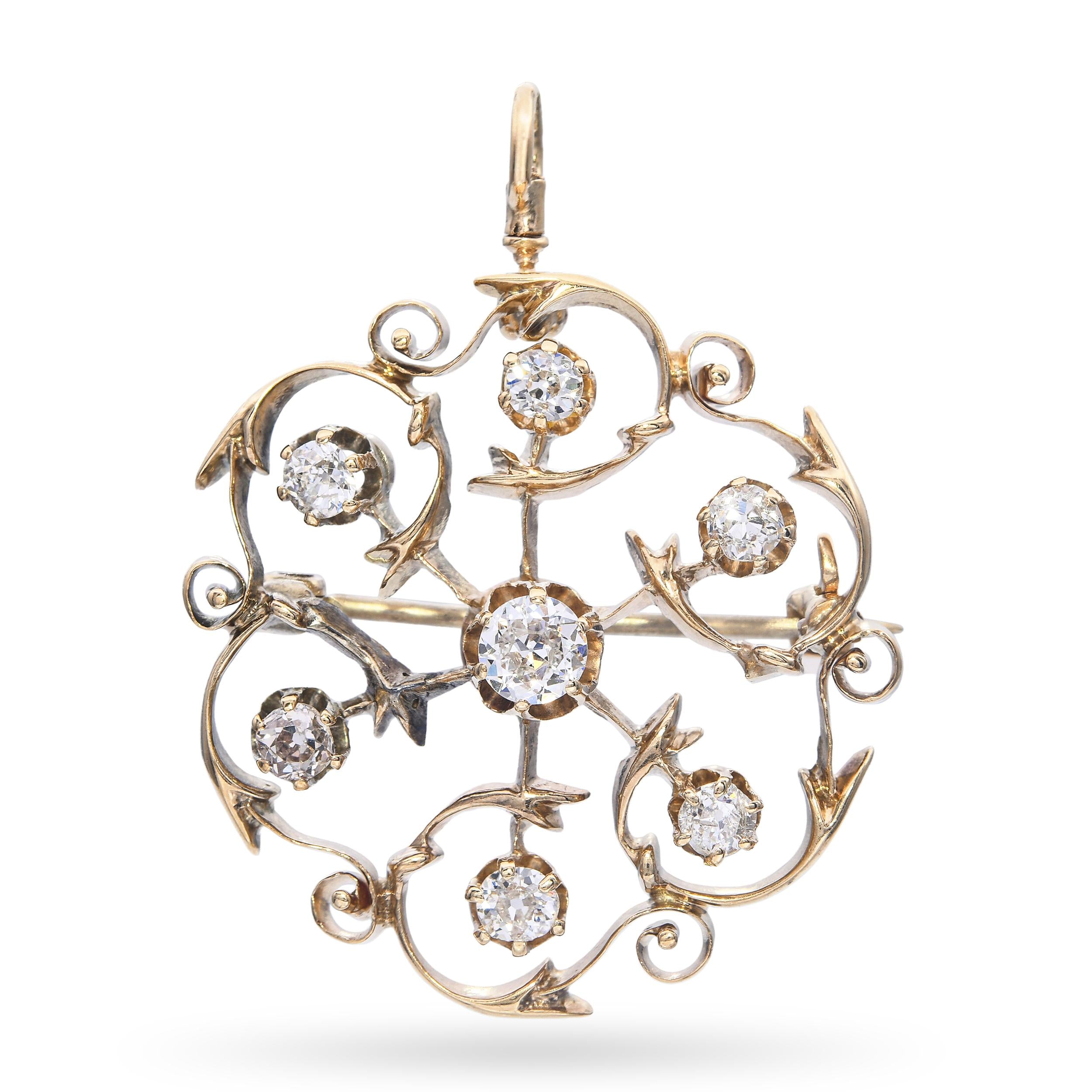 Victorian Yellow Gold Old European Cut Diamond Openwork Circle Brooch Pendant