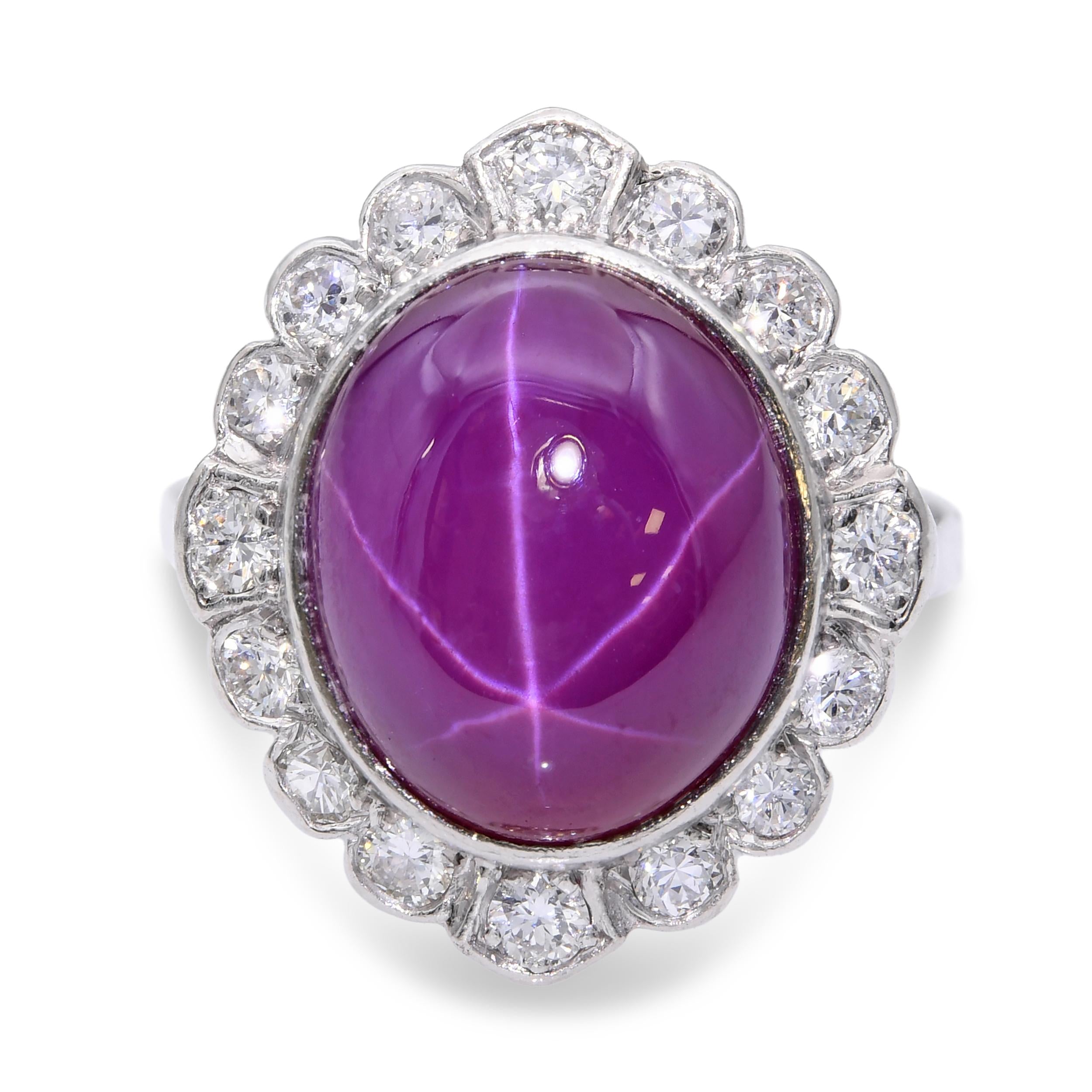 Vintage Platinum 9.18ct Synthetic Star Ruby & Diamond Halo Ring