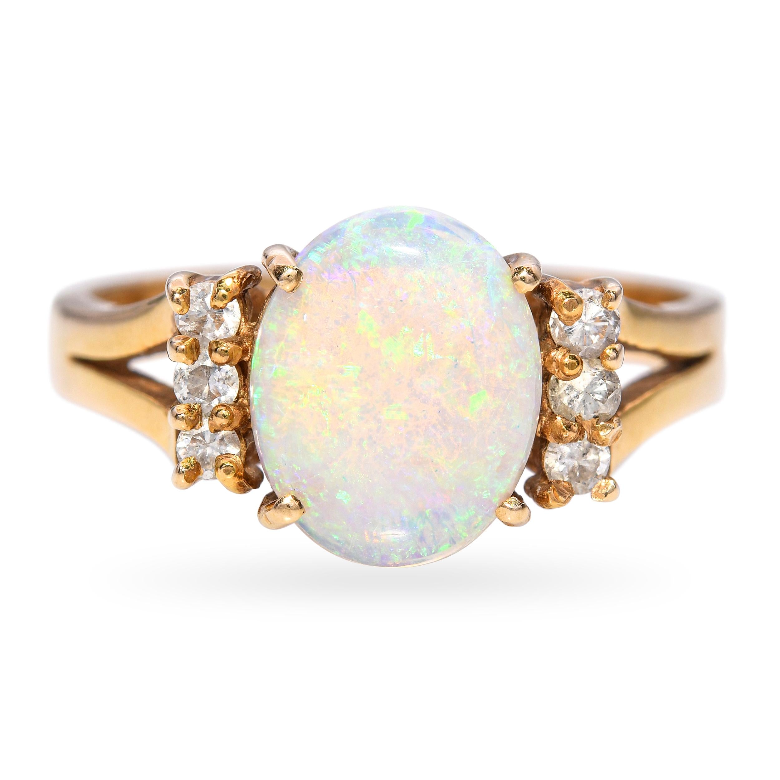 Vintage 14k Yellow Gold 0.75ct Opal and Diamond Ring