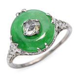 Art Deco 18k Jade and Rose Cut Diamond Filigree Ring