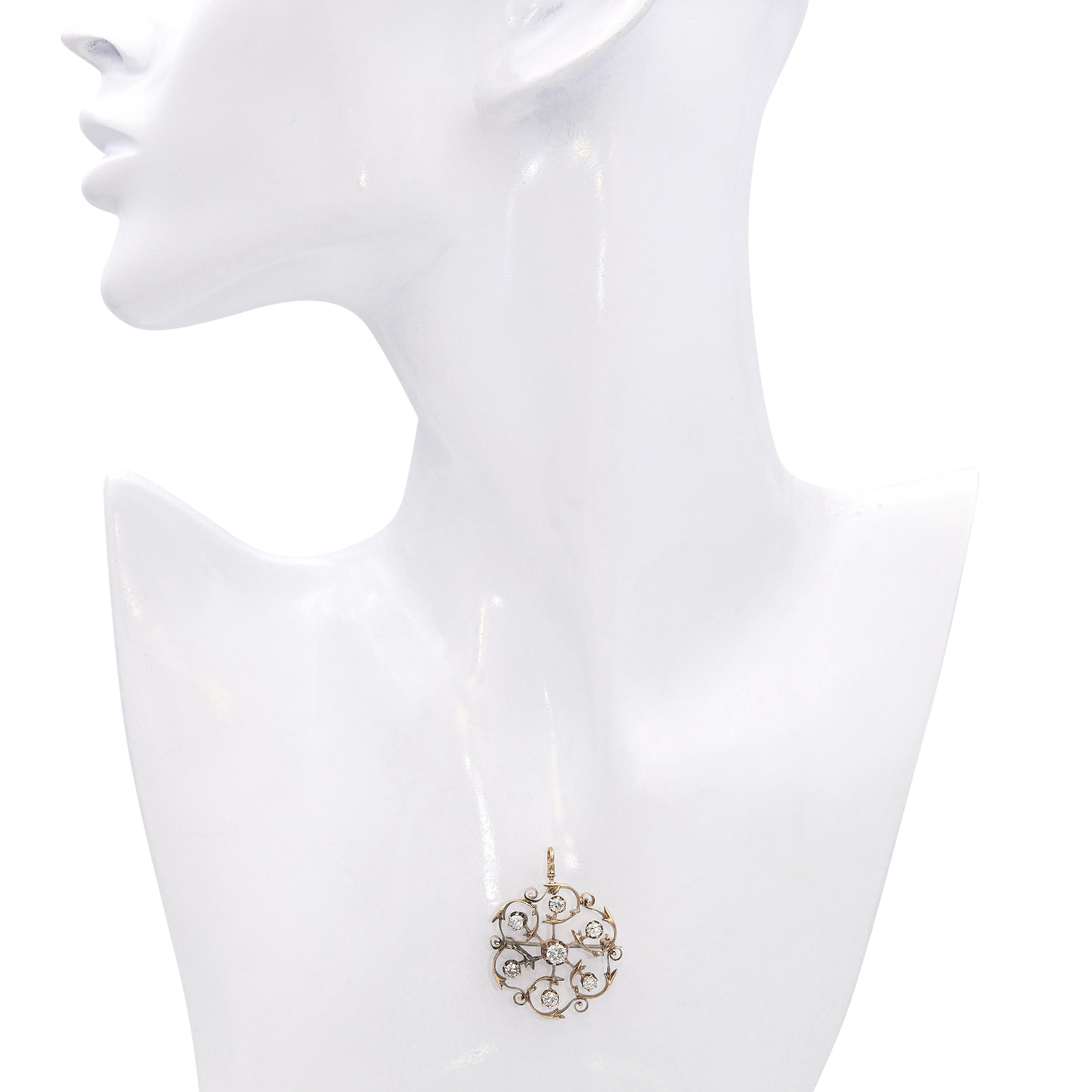 Victorian Yellow Gold Old European Cut Diamond Openwork Circle Brooch Pendant