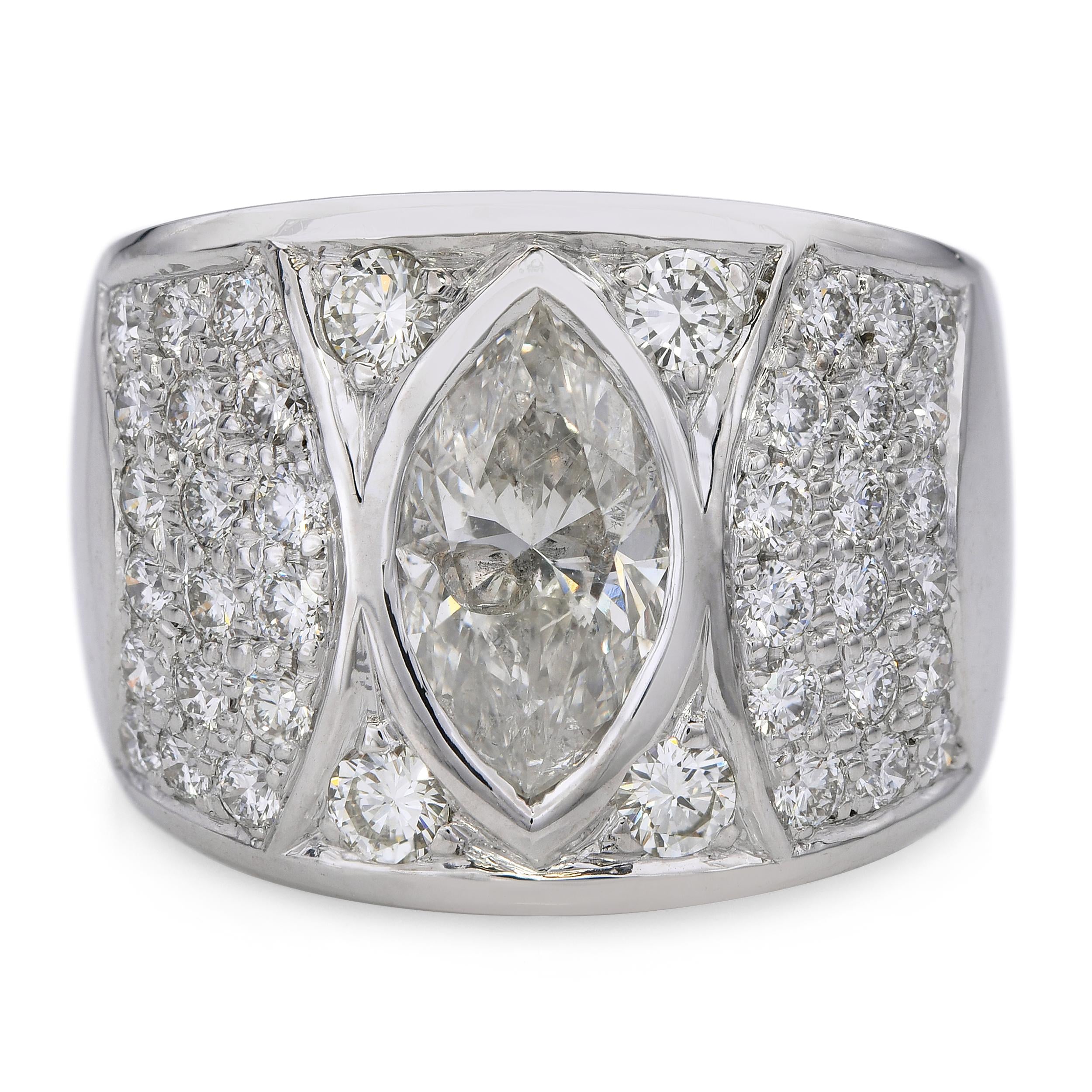 Vintage 14k White Gold 3.39tcw Marquise & Round Diamond Ring