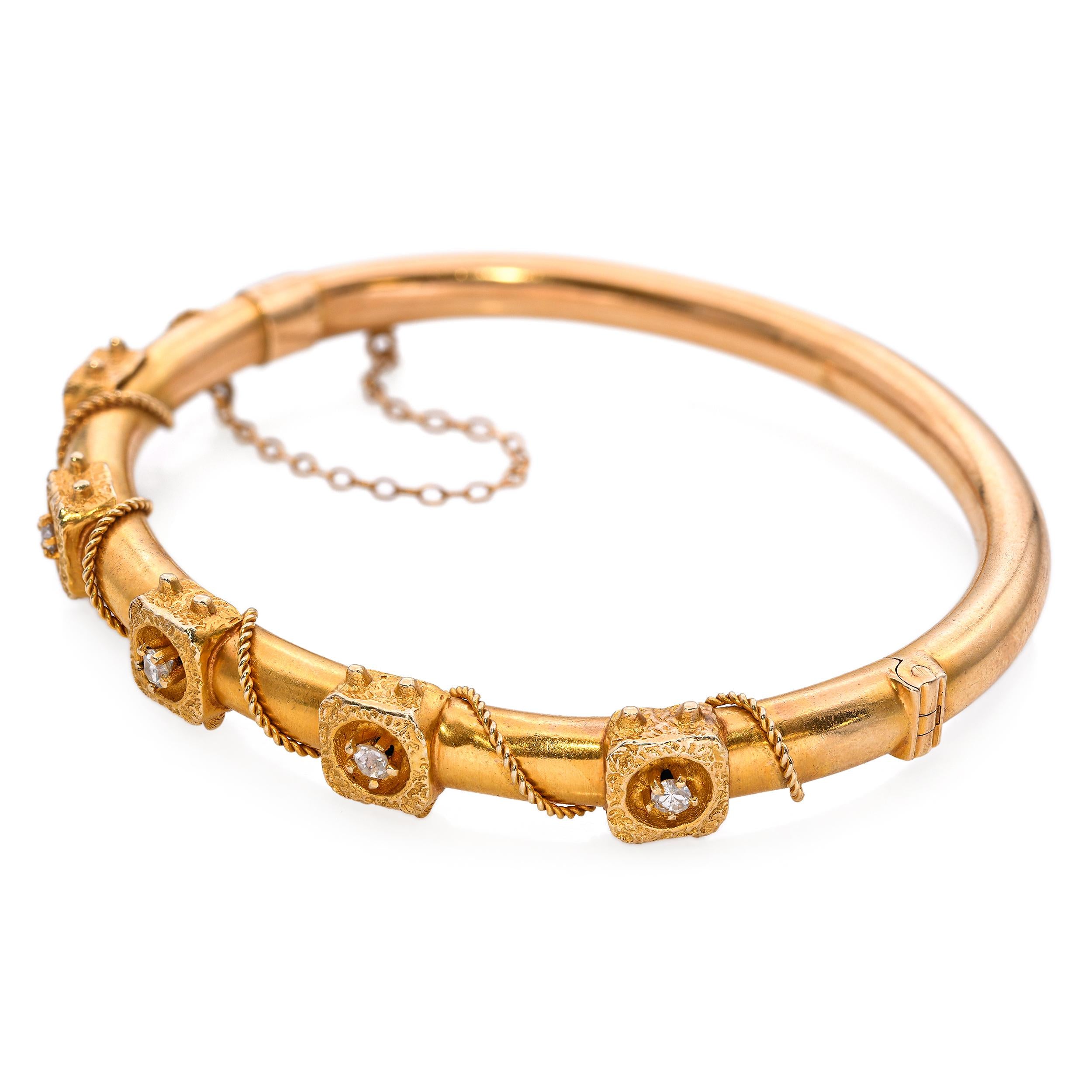 Antique Victorian 14k Yellow Gold and Diamond Rope Detail Hinged Bracelet