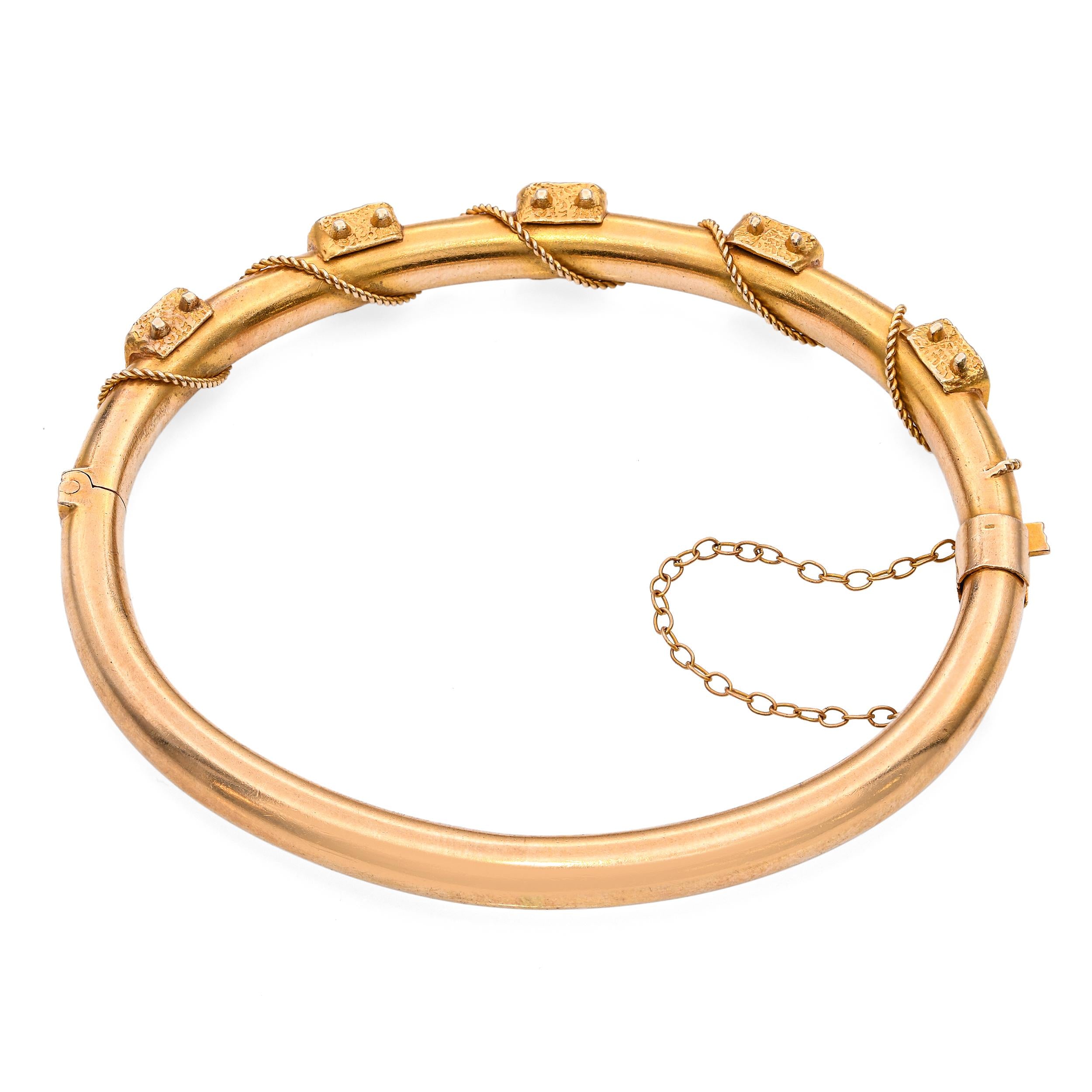 Antique Victorian 14k Yellow Gold and Diamond Rope Detail Hinged Bracelet