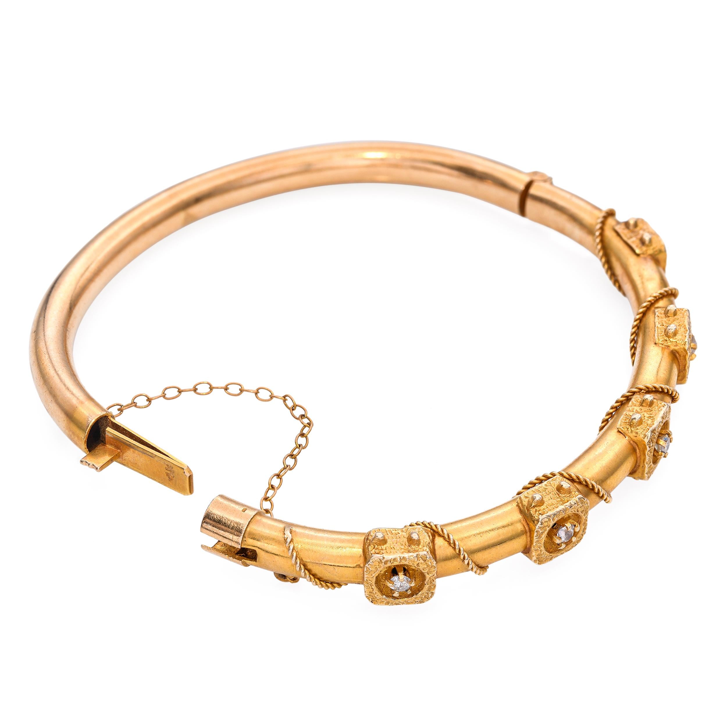 Antique Victorian 14k Yellow Gold and Diamond Rope Detail Hinged Bracelet