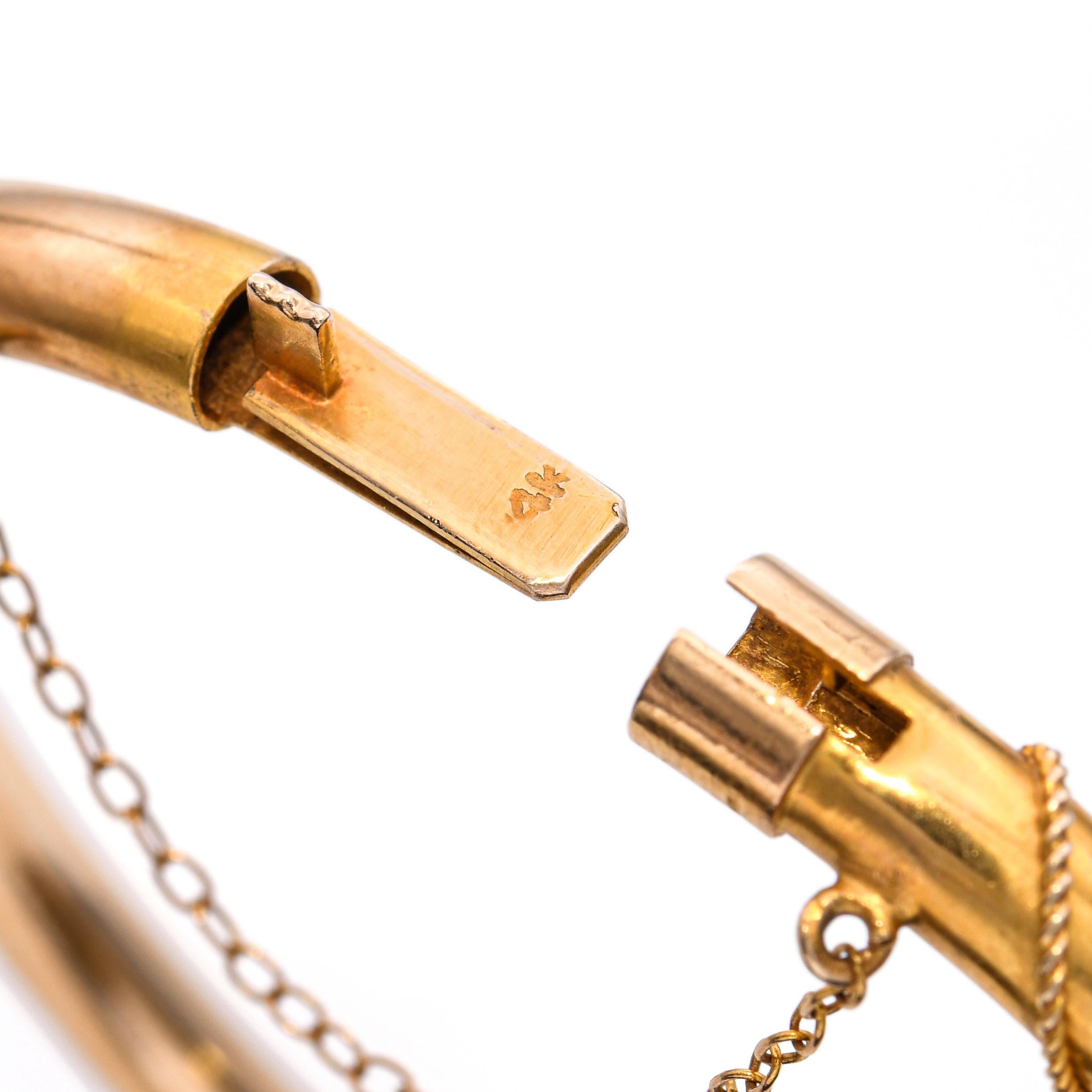 Antique Victorian 14k Yellow Gold and Diamond Rope Detail Hinged Bracelet