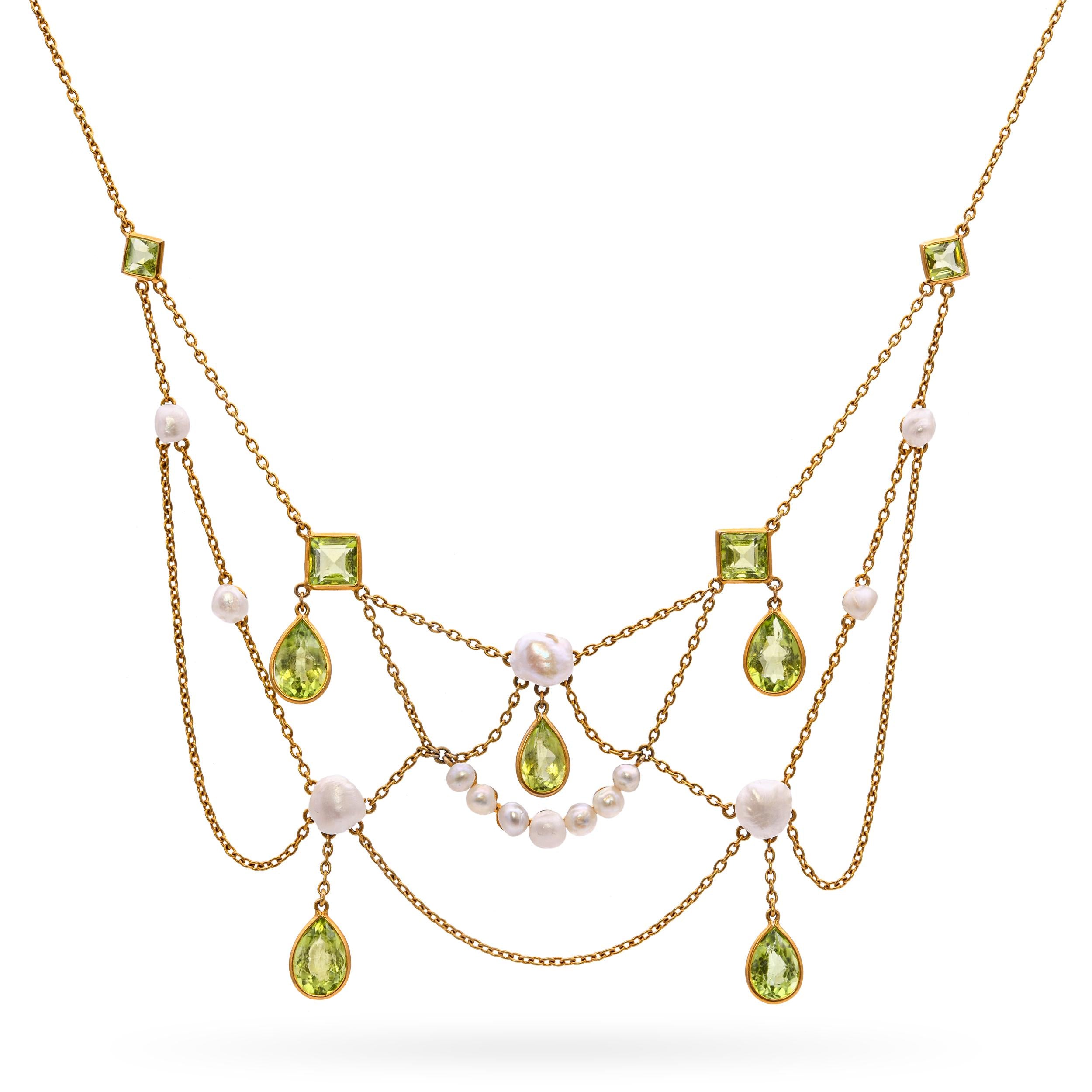 Vintage 14k Yellow Gold Pearl and Peridot Festoon Necklace