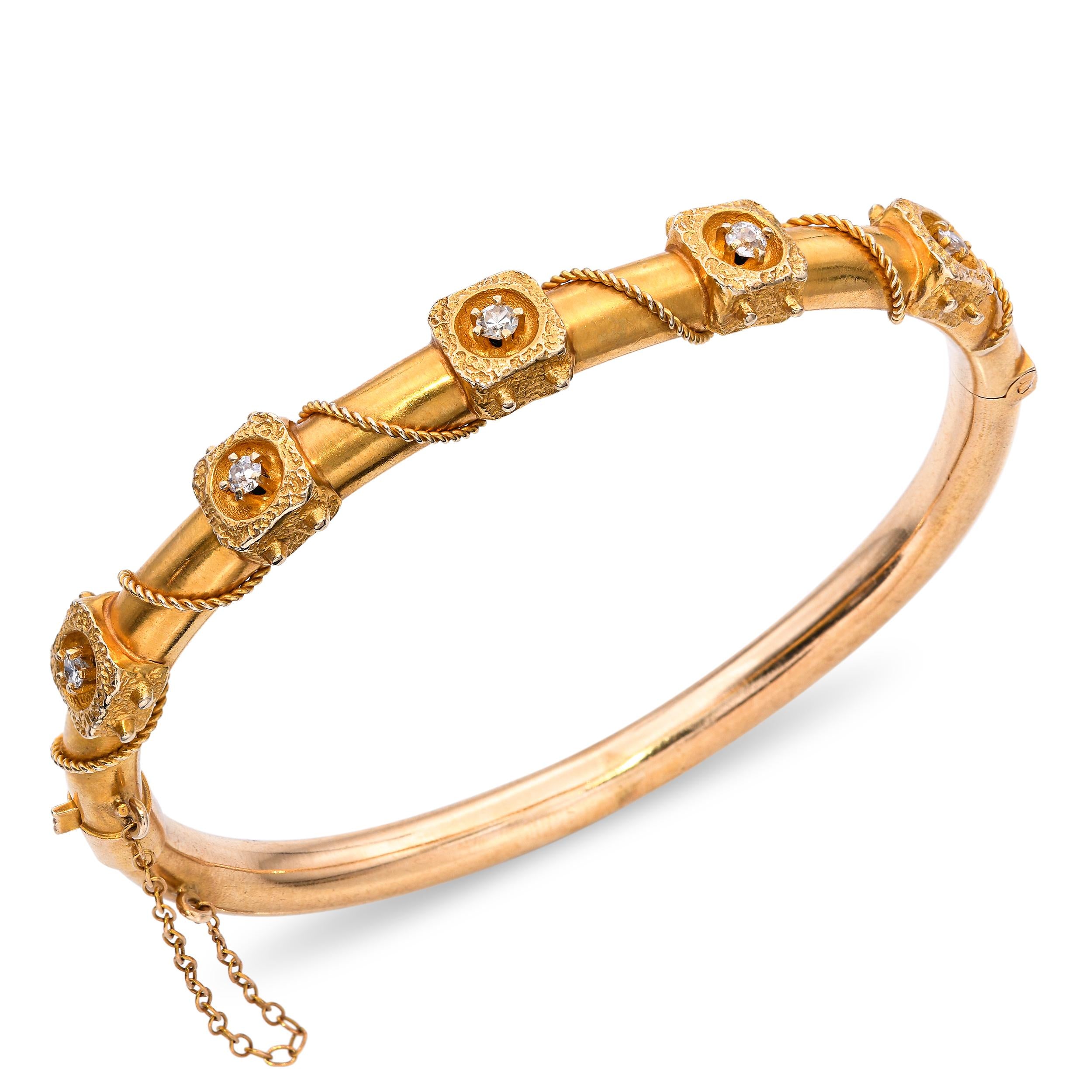 Antique Victorian 14k Yellow Gold and Diamond Rope Detail Hinged Bracelet