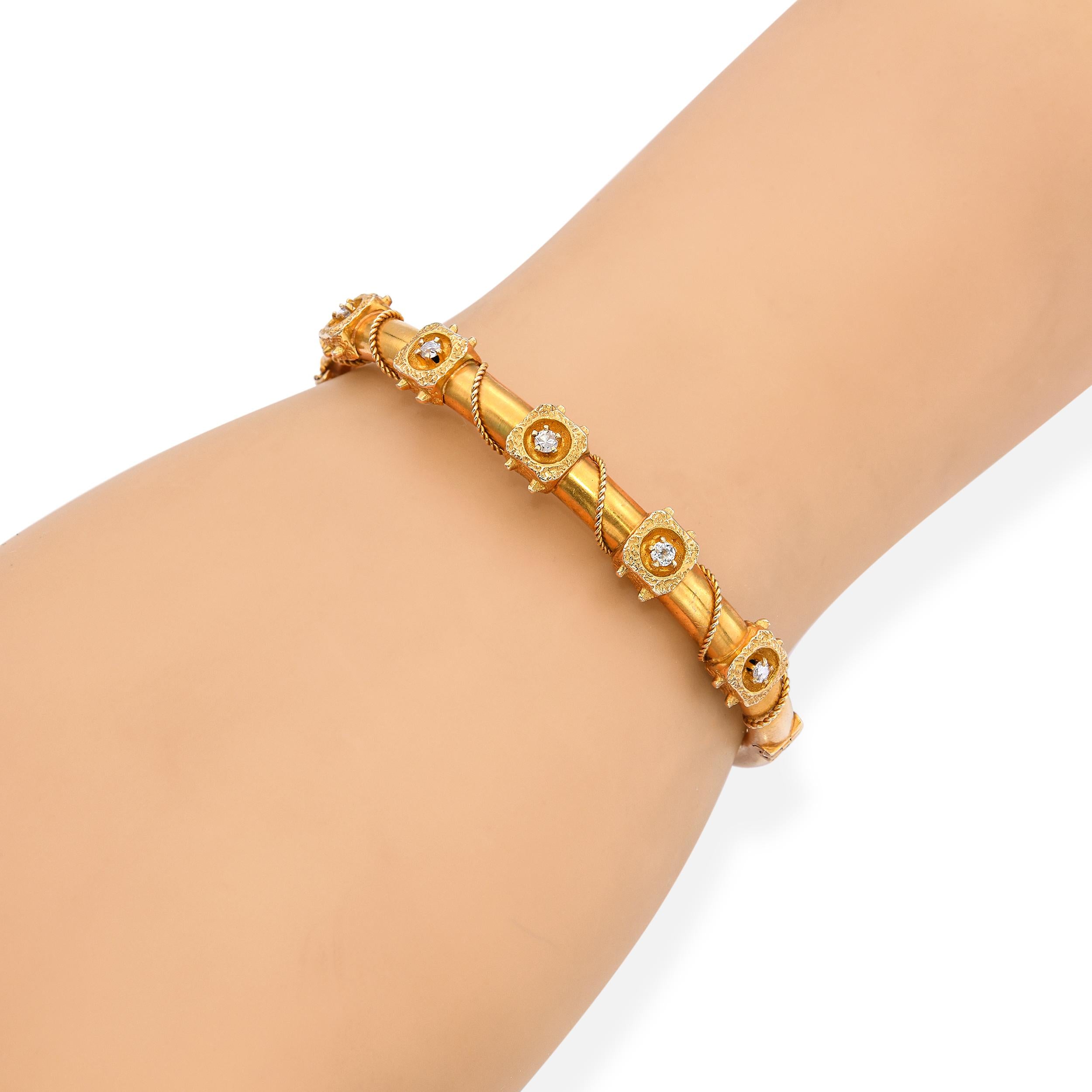Antique Victorian 14k Yellow Gold and Diamond Rope Detail Hinged Bracelet