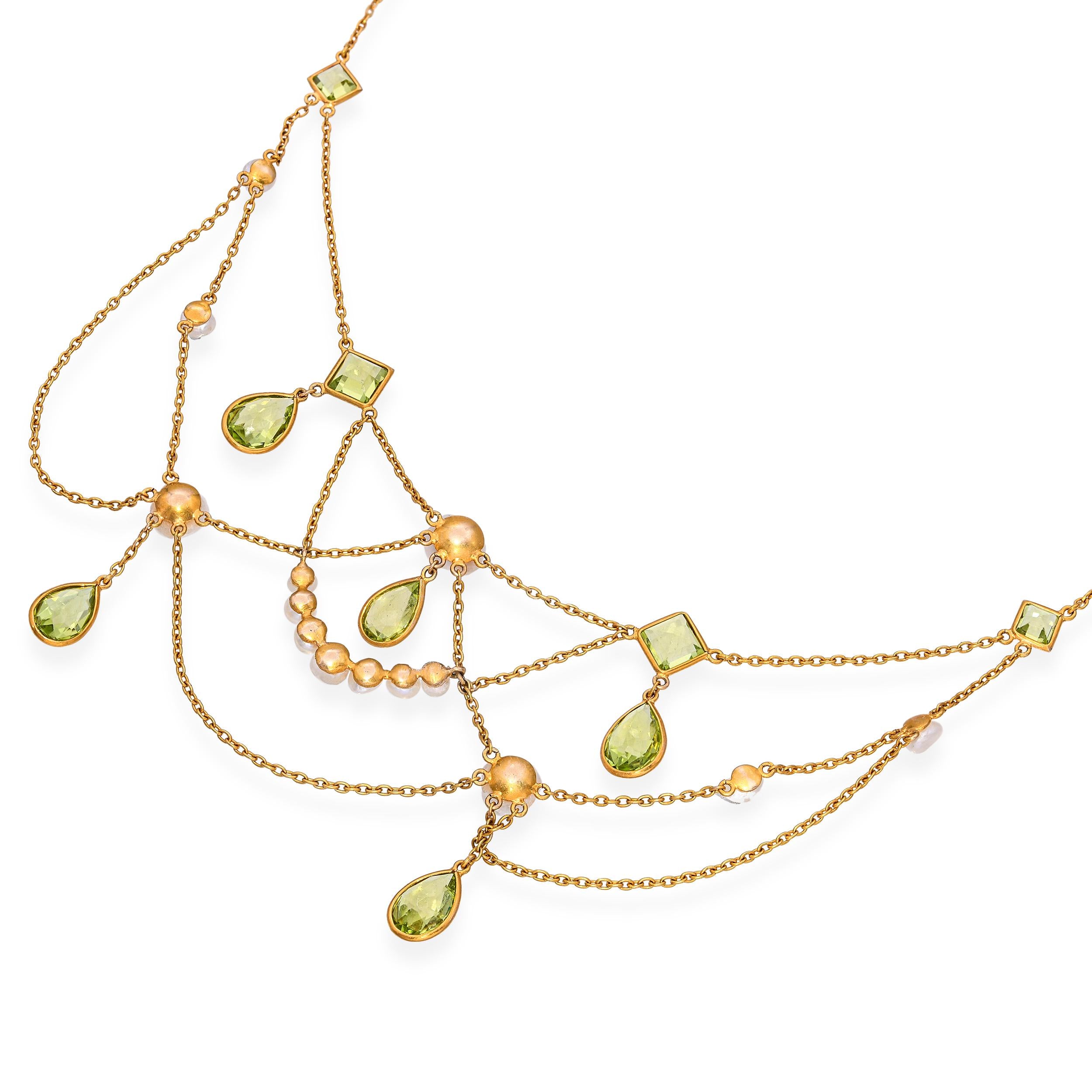 Vintage 14k Yellow Gold Pearl and Peridot Festoon Necklace