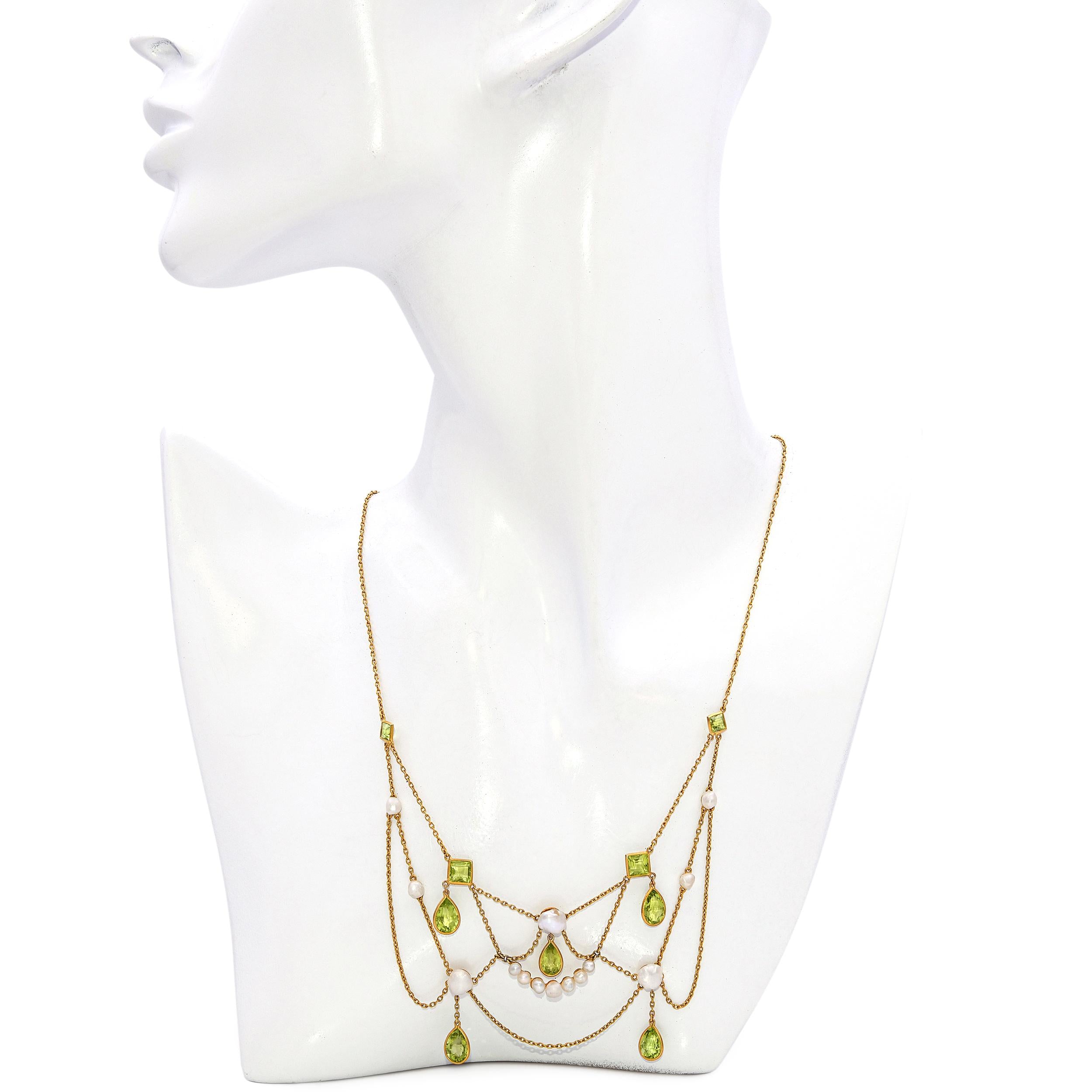 Vintage 14k Yellow Gold Pearl and Peridot Festoon Necklace