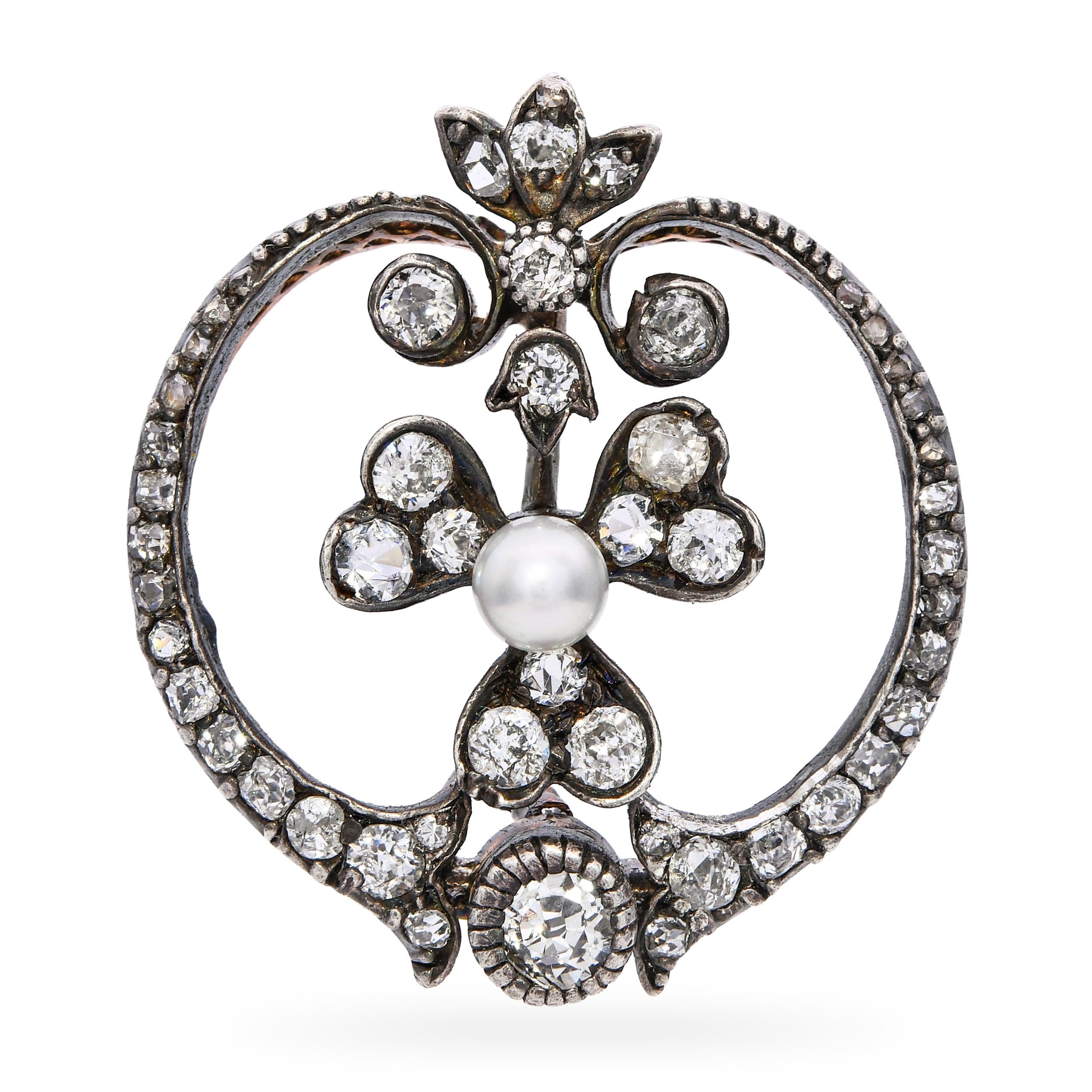 Antique Edwardian Yellow Gold and Silver Top Diamond & Natural Pearl Pendant