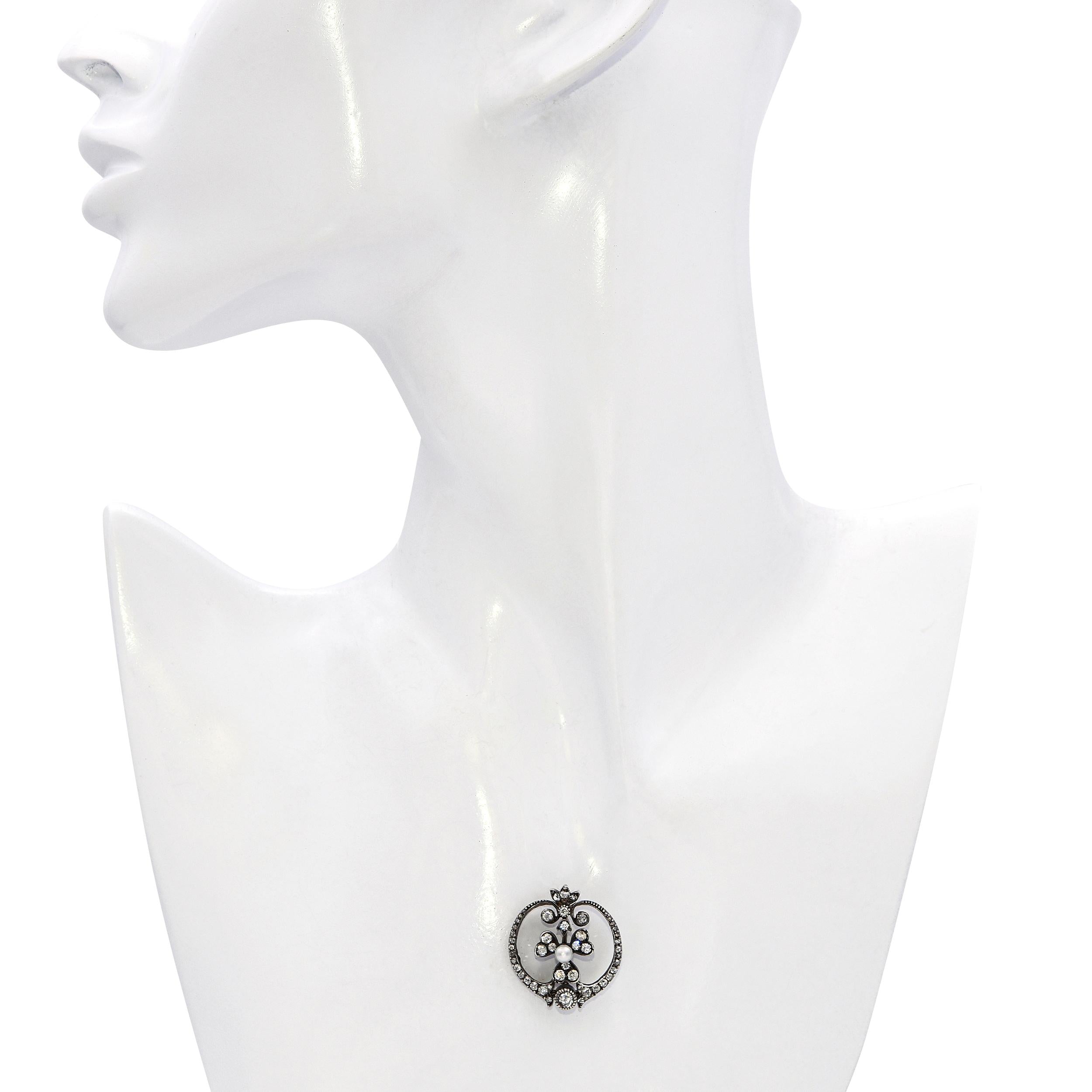 Antique Edwardian Yellow Gold and Silver Top Diamond & Natural Pearl Pendant