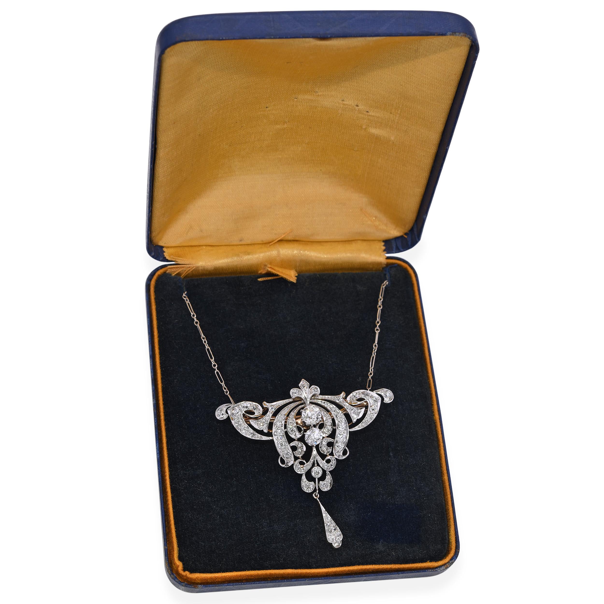 Antique Edwardian Platinum & 14k Gold 1.98tcw Diamond Lavalier Necklace