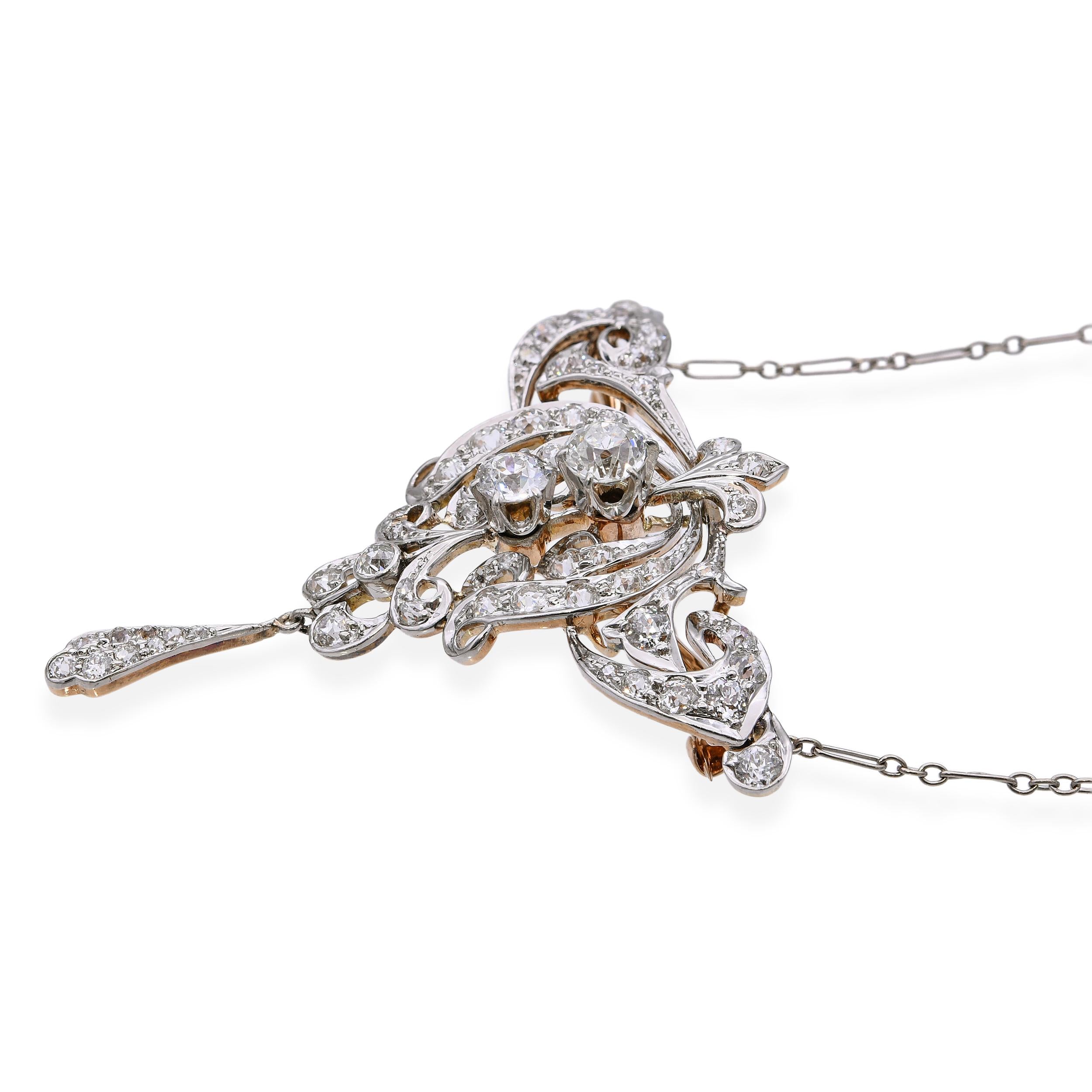 Antique Edwardian Platinum & 14k Gold 1.98tcw Diamond Lavalier Necklace