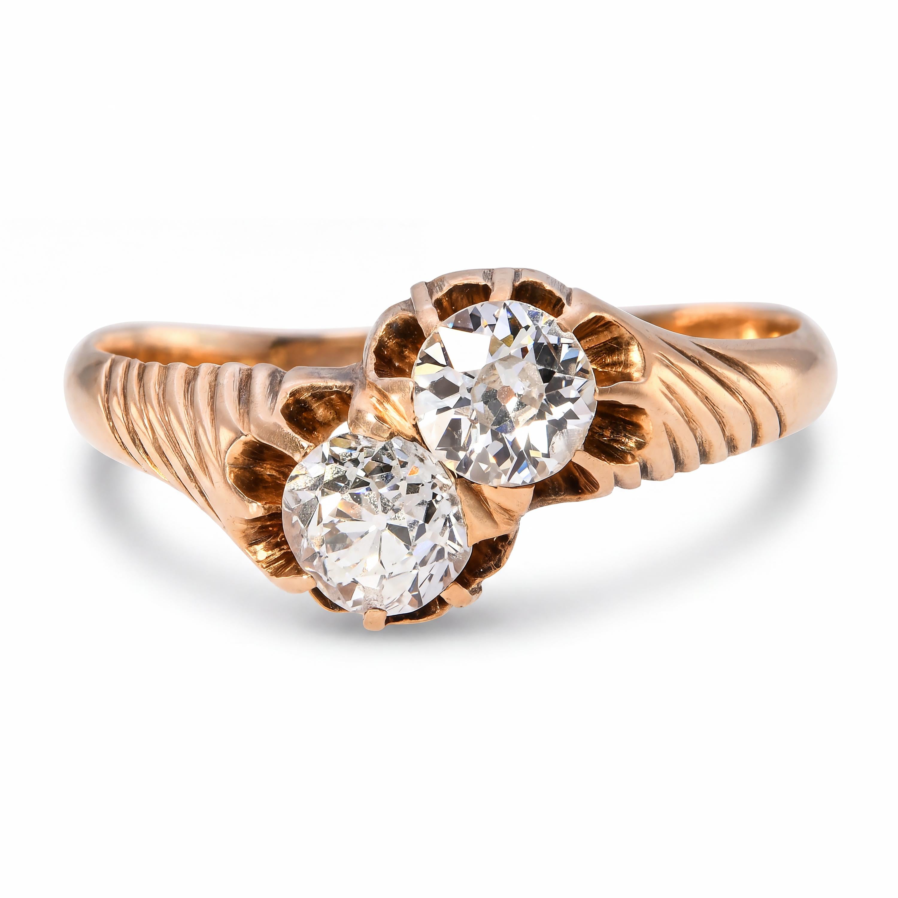 Antique Victorian 14k Yellow Gold Old European Cut Diamond Bypass Ring