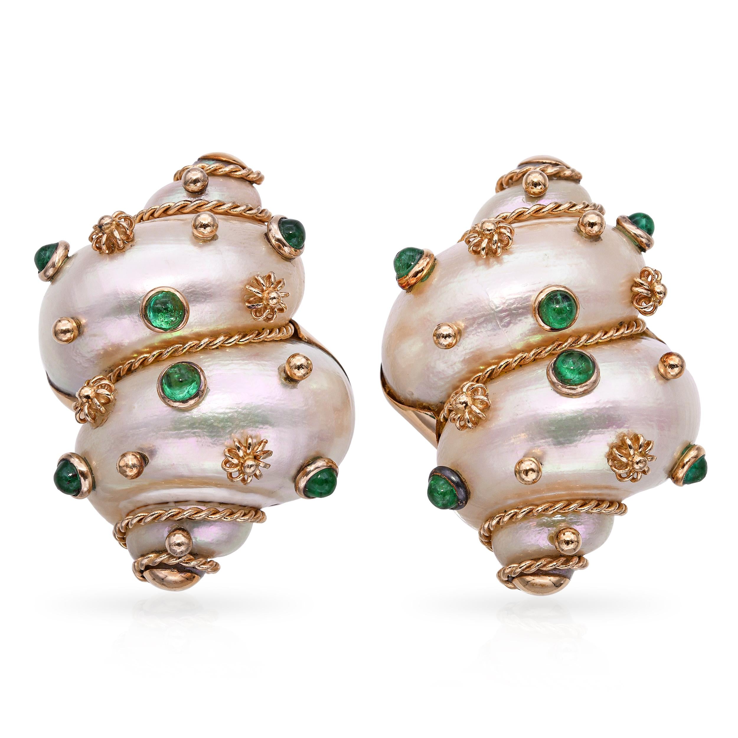 MAZ 18k Yellow Gold Turbo Shell and Emerald Clip On Earrings