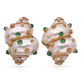 MAZ 18k Yellow Gold Turbo Shell and Emerald Clip On Earrings
