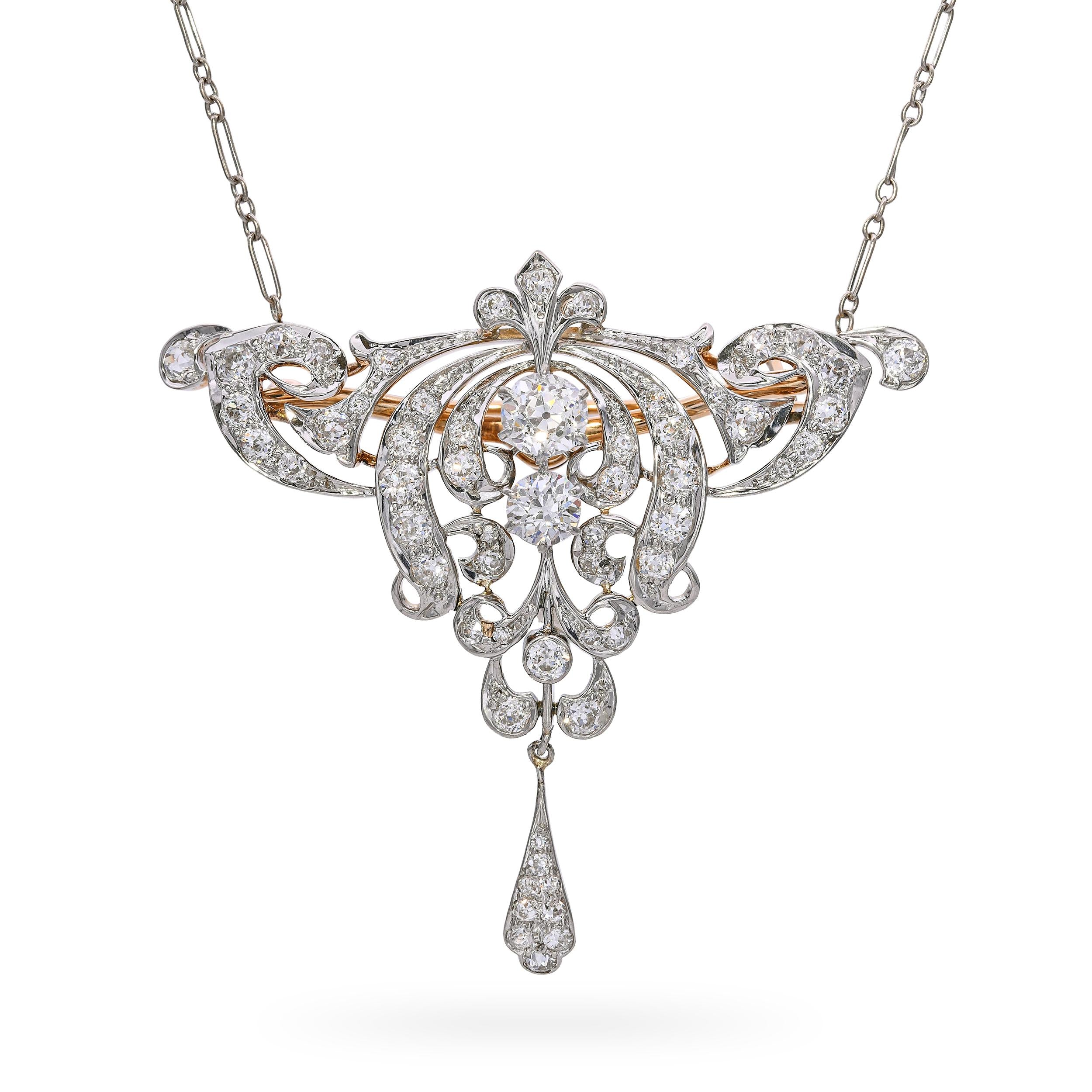 Antique Edwardian Platinum & 14k Gold 1.98tcw Diamond Lavalier Necklace