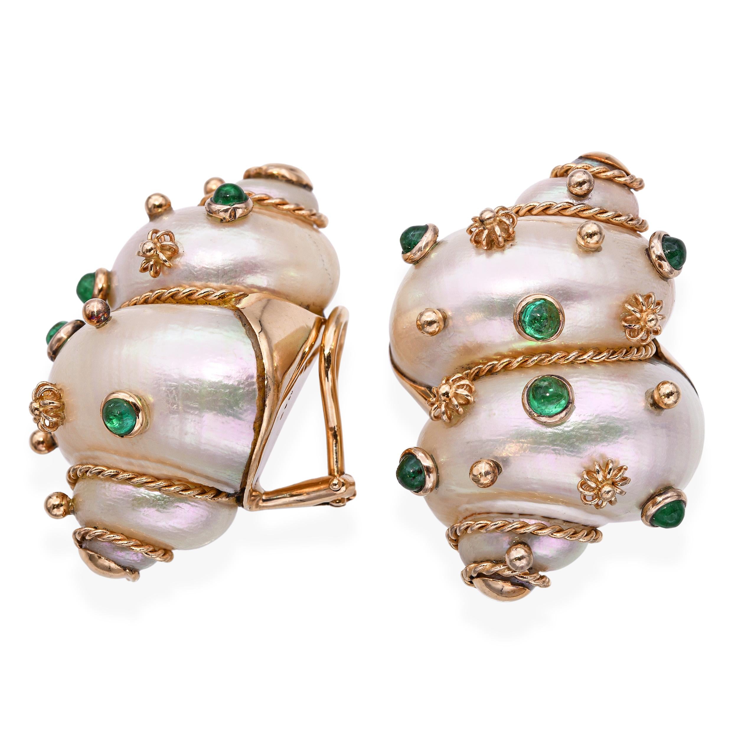 MAZ 18k Yellow Gold Turbo Shell and Emerald Clip On Earrings