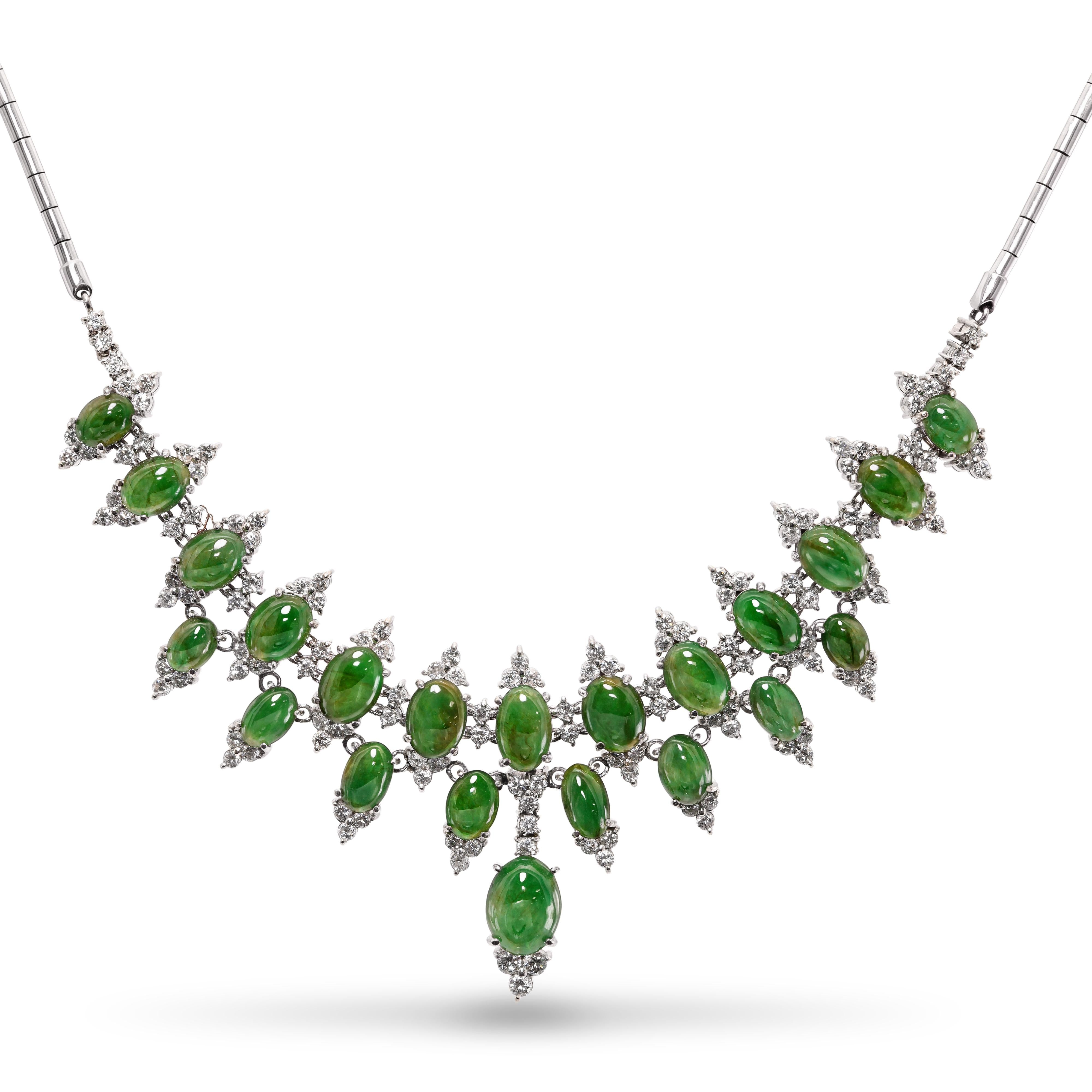 Vintage 14k White Gold Jadeite and Diamond Cluster Necklace