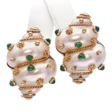 MAZ 18k Yellow Gold Turbo Shell and Emerald Clip On Earrings