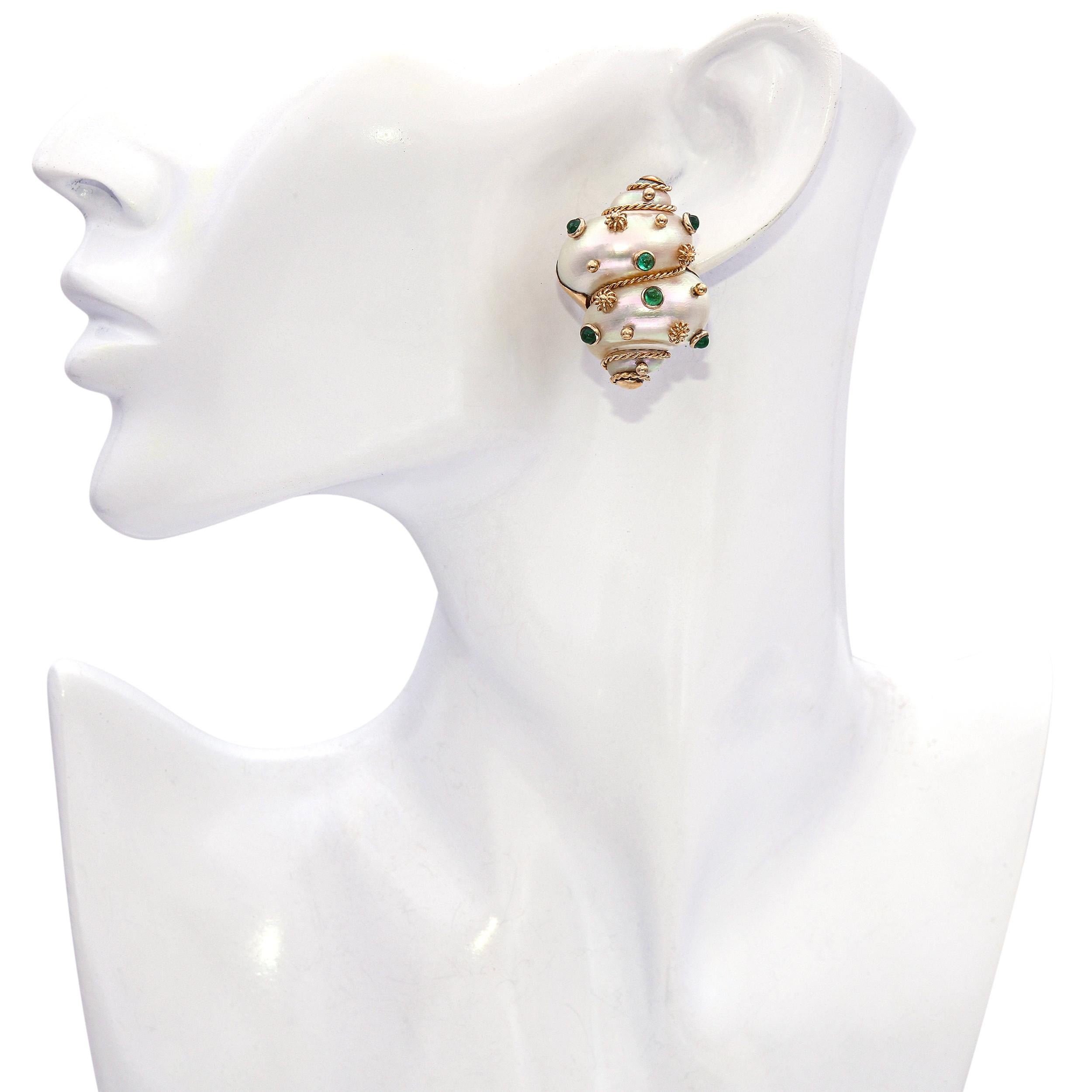 MAZ 18k Yellow Gold Turbo Shell and Emerald Clip On Earrings