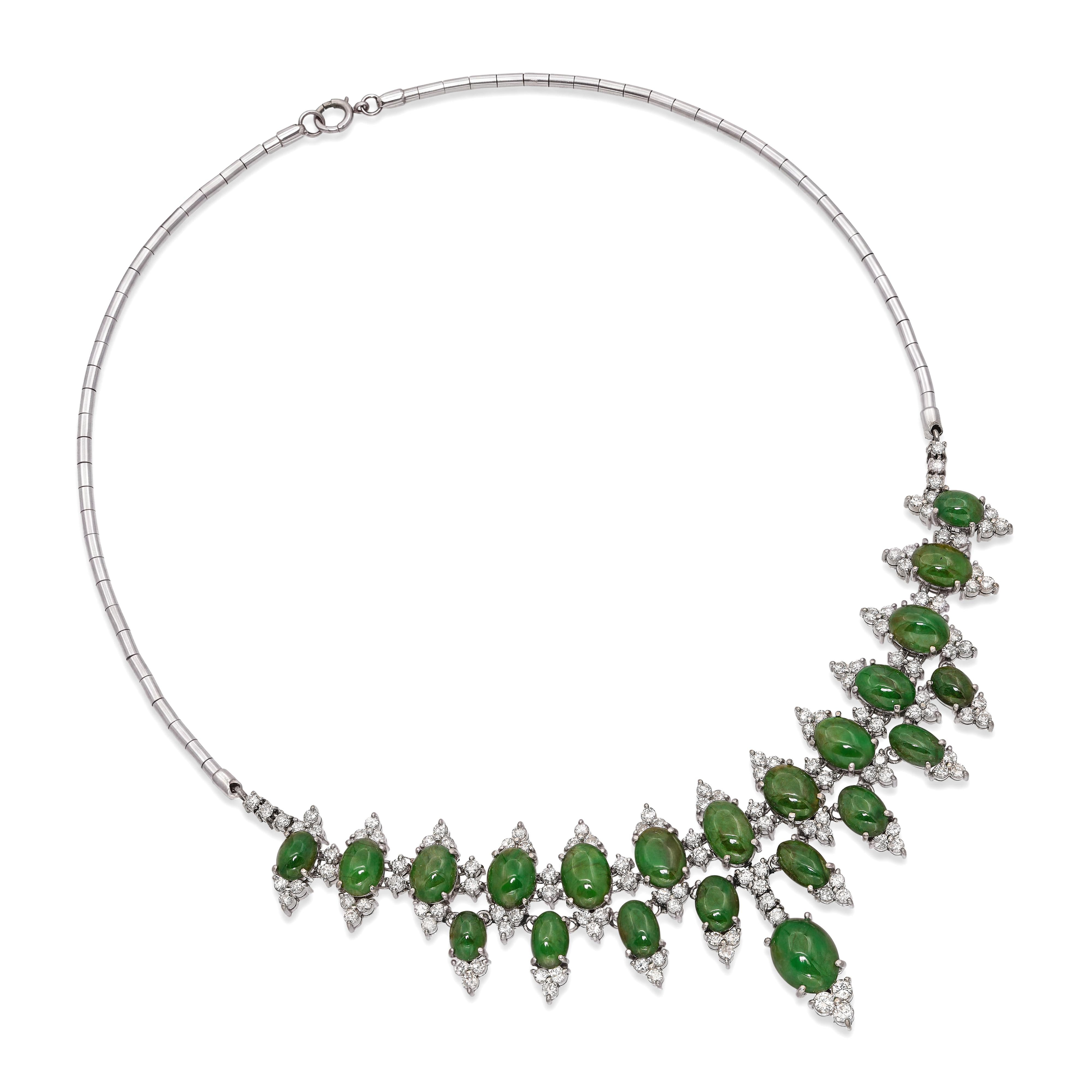 Vintage 14k White Gold Jadeite and Diamond Cluster Necklace