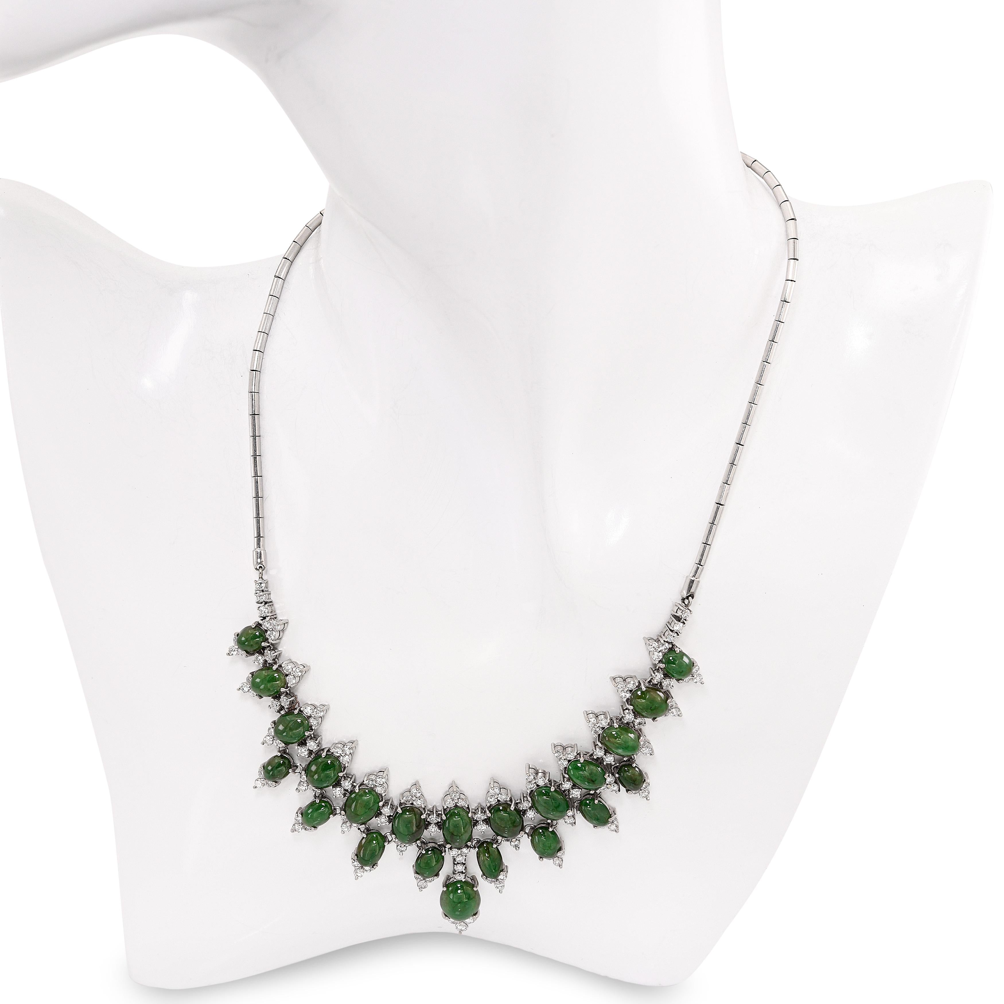 Vintage 14k White Gold Jadeite and Diamond Cluster Necklace