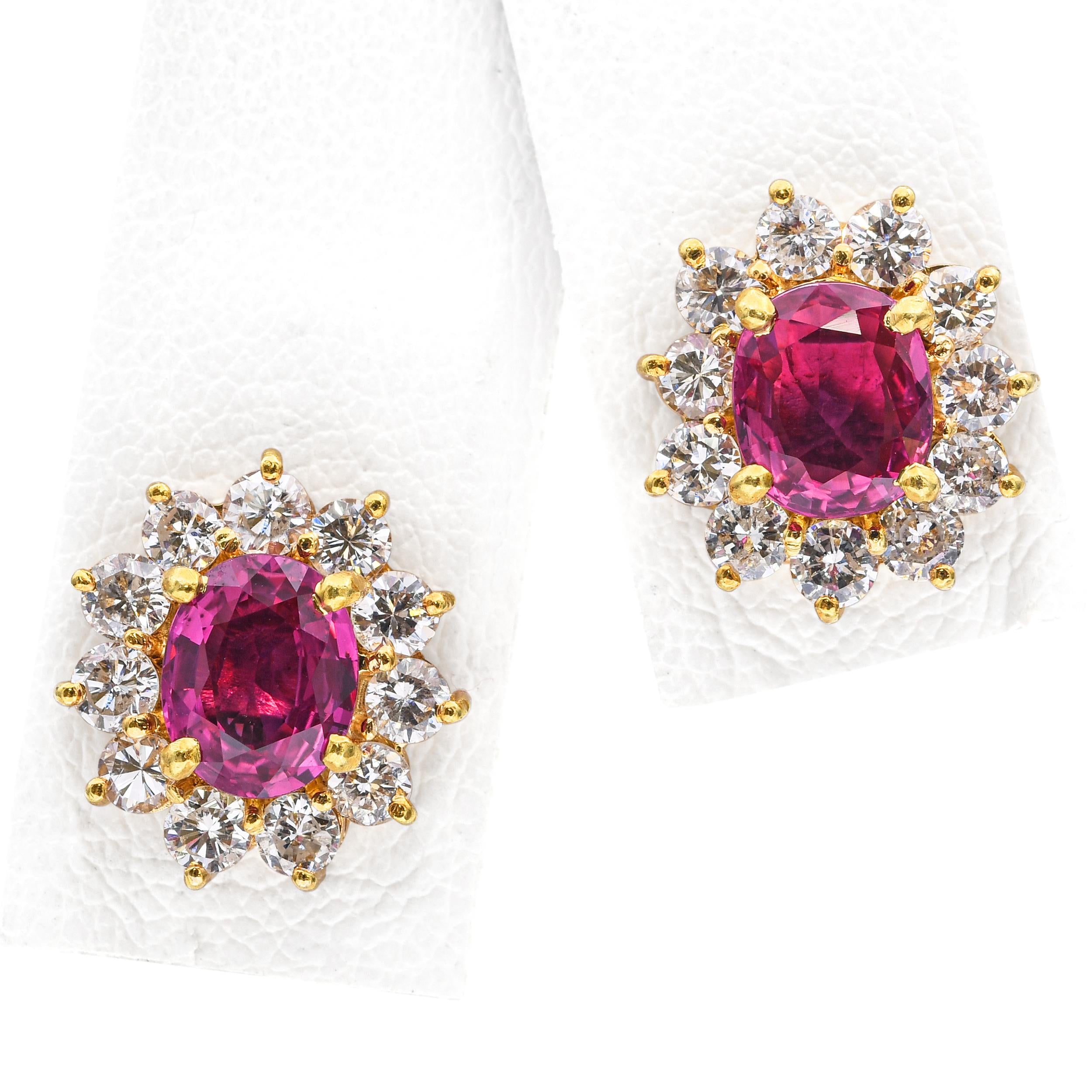 Vintage 18k Yellow Gold 2.01tcw Ruby and 0.66tcw Diamond Halo Earring Studs