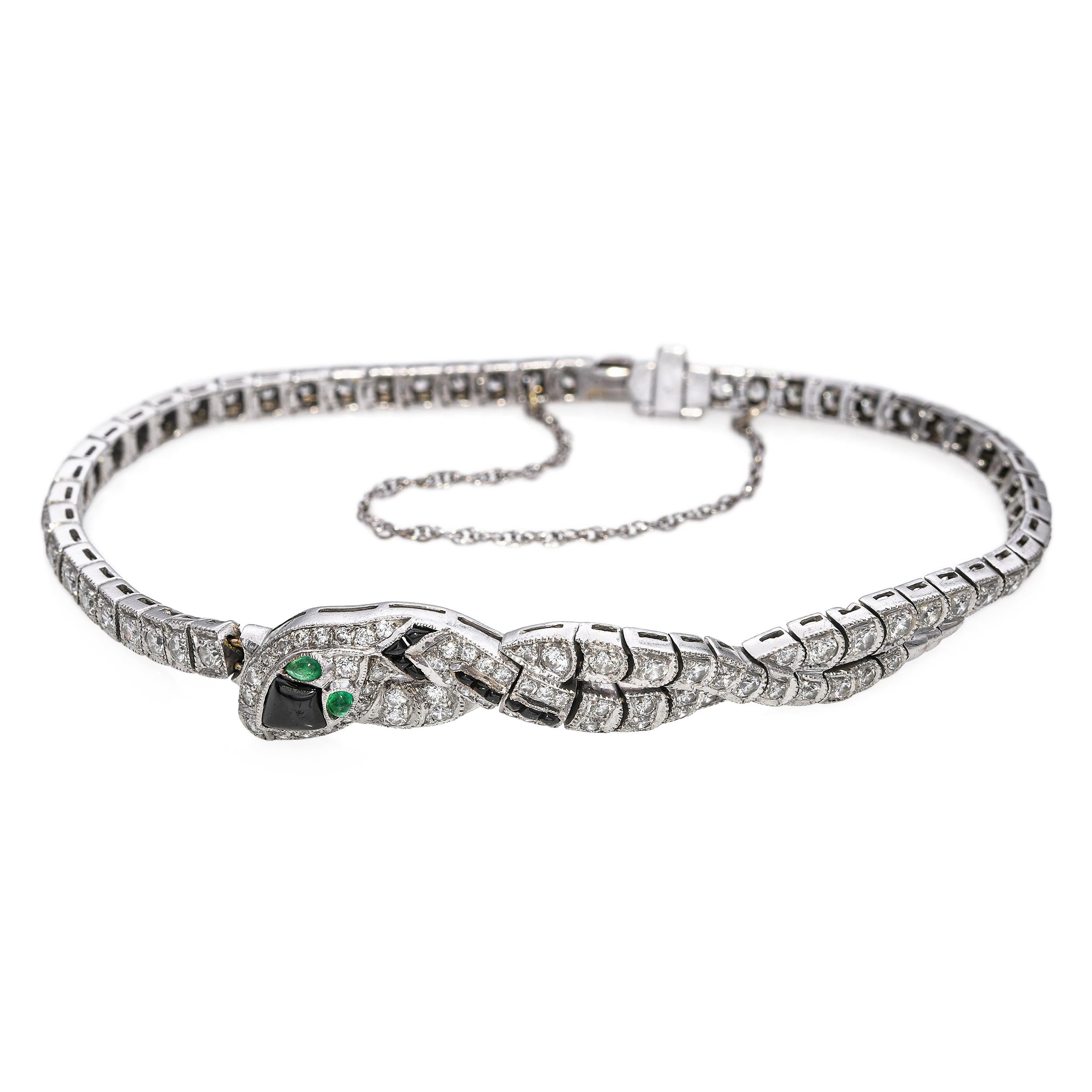 Art Deco 18k White Gold Diamond Onyx and Emerald Snake Bracelet