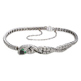 Art Deco 18k White Gold Diamond Onyx and Emerald Snake Bracelet